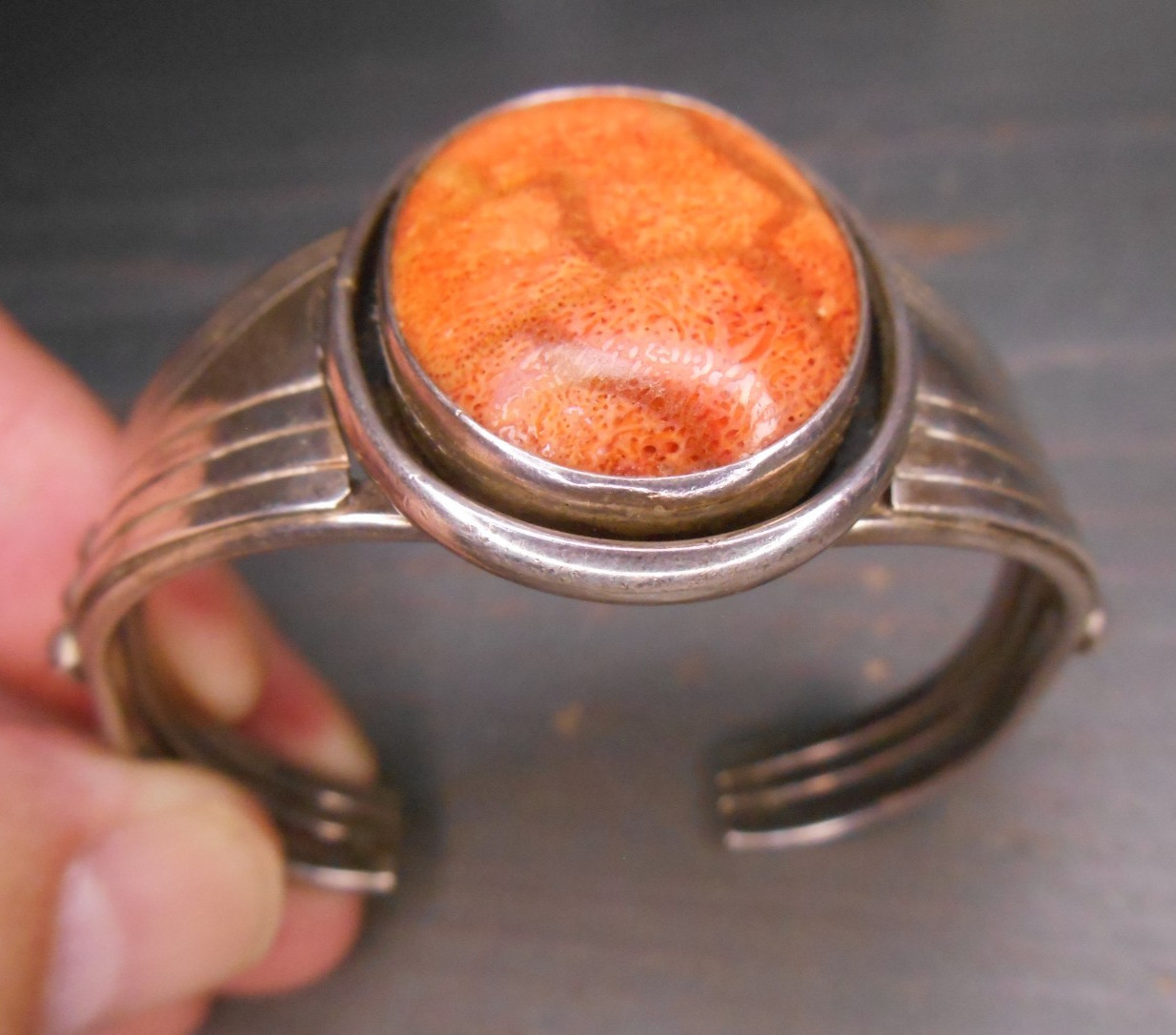 Vintage Rose & Allen Joe Boy Navajo .925 Sterling Silver Orange Agate Signed