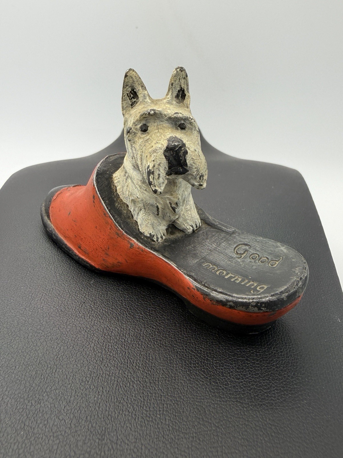 Vintage Cast Metal Westie Or Terrier Dog Statue In A Red Shoe - “Good Morning”