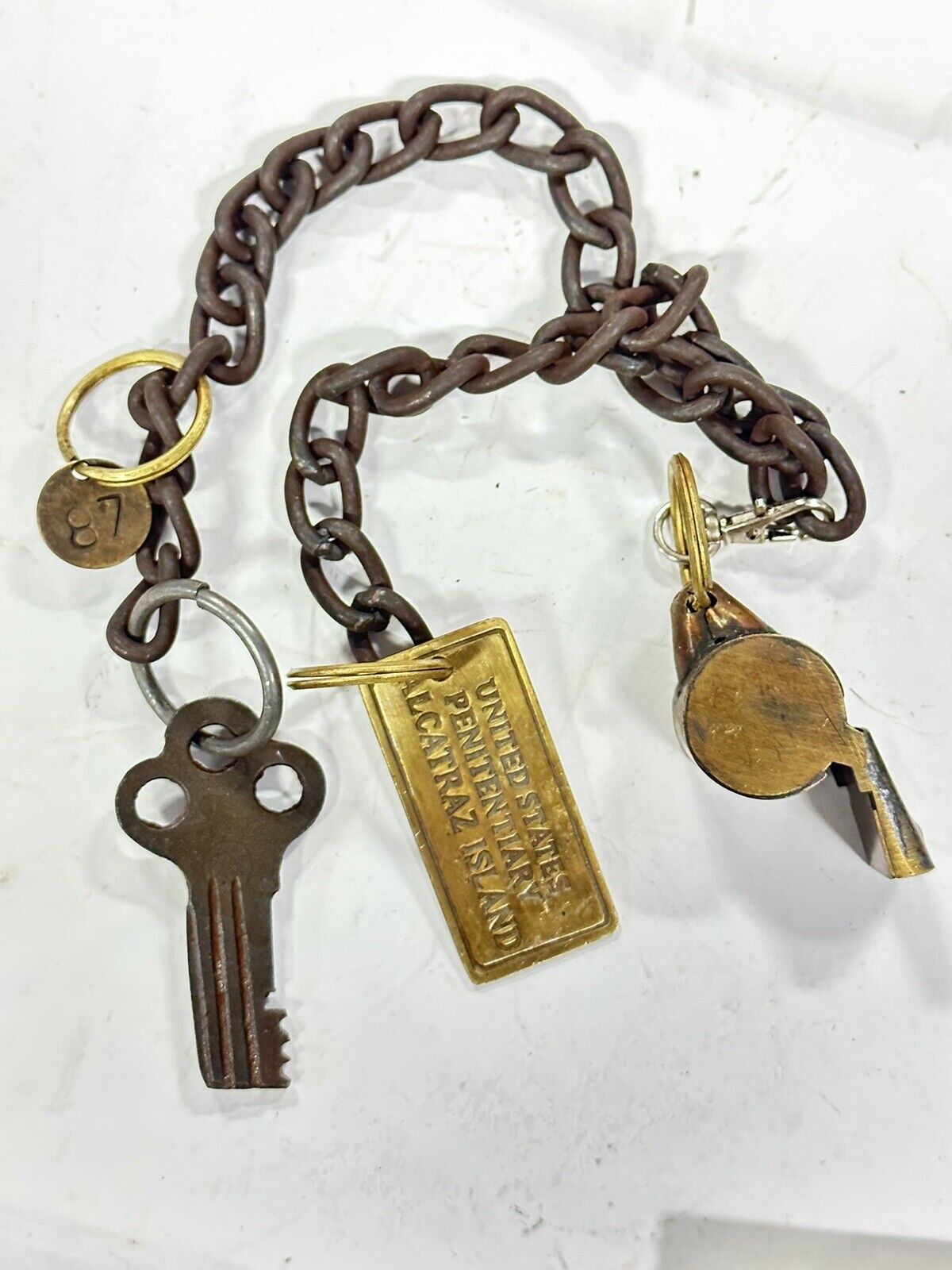 Alcatraz Island Penitentiary Guard Iron Cell Key, Tag & Solid Brass Whistle
