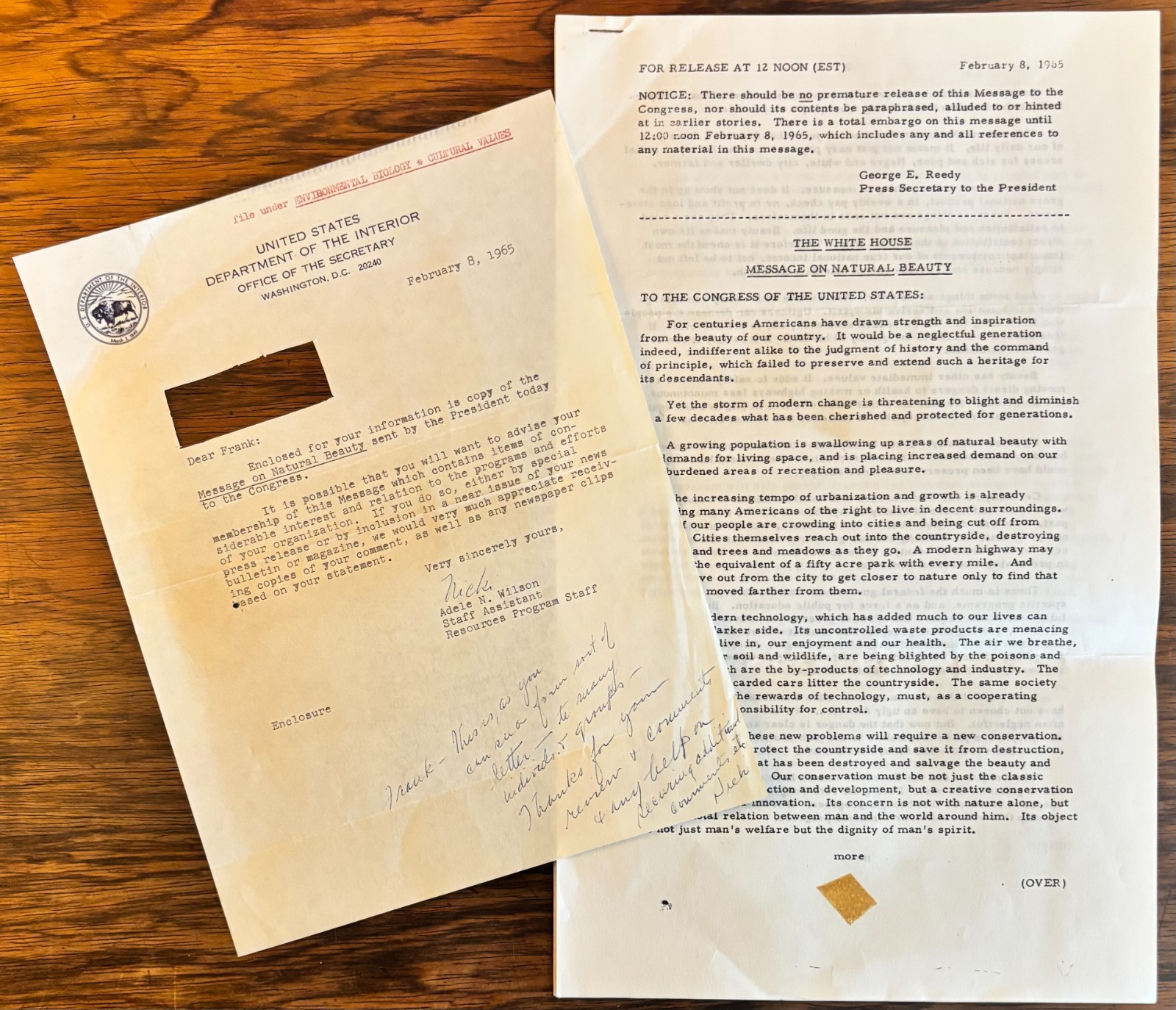 WHITE HOUSE MESSAGE ON NATURAL BEAUTY LYNDON JOHNSON 1965 ENVIRONMENTAL MOVEMENT