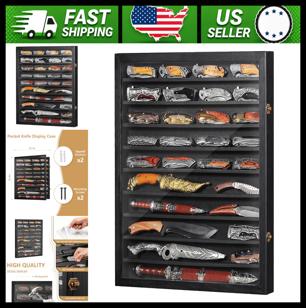 Emfogo Wall-Mounted Knife Display Case, 10-Tier Cabinet with Clear Acrylic Door