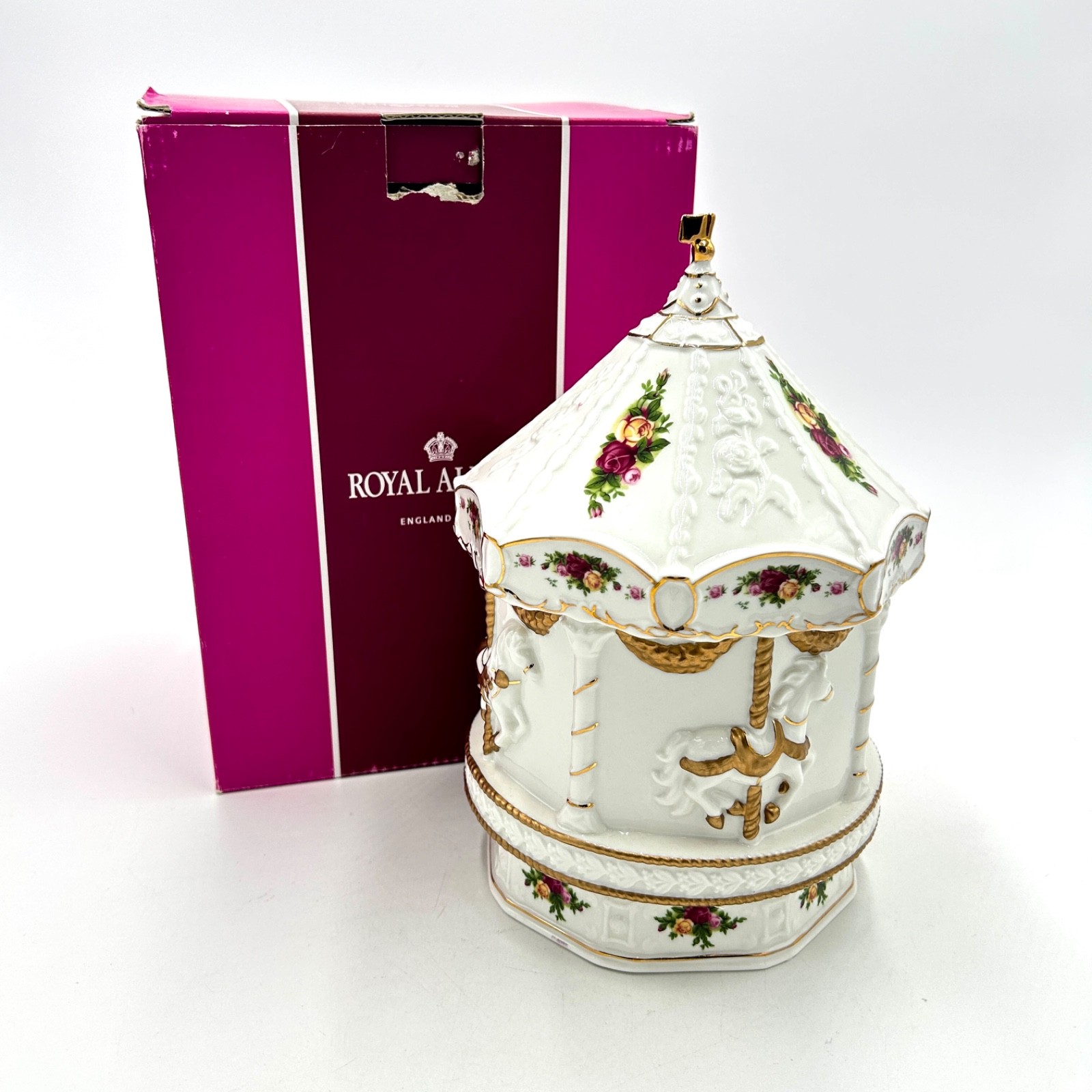 Vint Royal Albert Old Country Rose Porcelain Music Carousel Mint in Box Vint Royal Albert Old Country Rose Porcelain Music Carousel Mint in Box