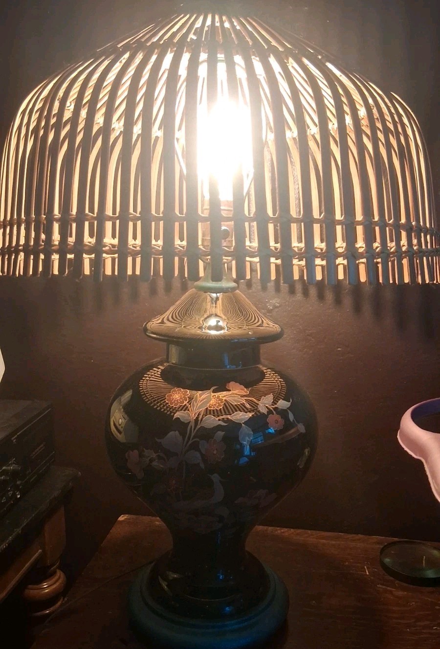 Vintage Chinoiserie Famille Noire Style Peacock Floral Lamp Rattan Shade