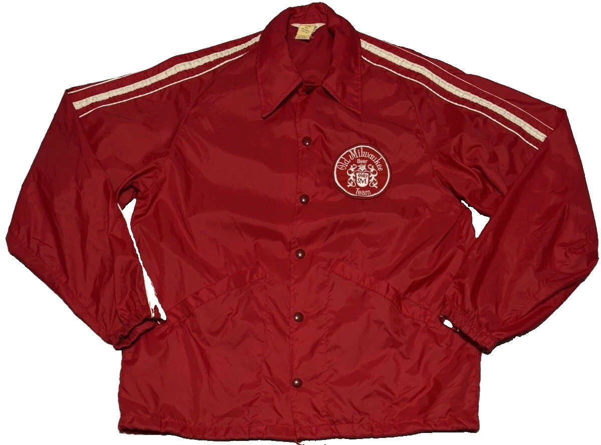 Vintage Milwaukee Beer Staff Jacket Patch Button Up Red Jacket Windbreaker Sz M
