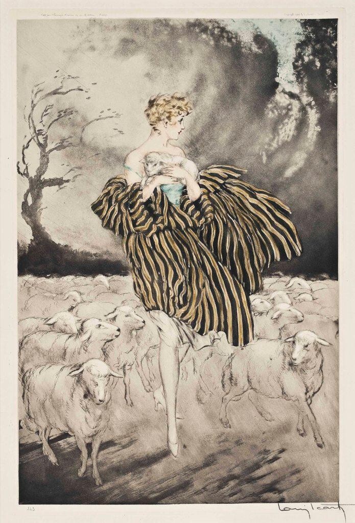 Little Bo Peep by Louis Icart Art Deco Fashion Illustration with Sheep Print