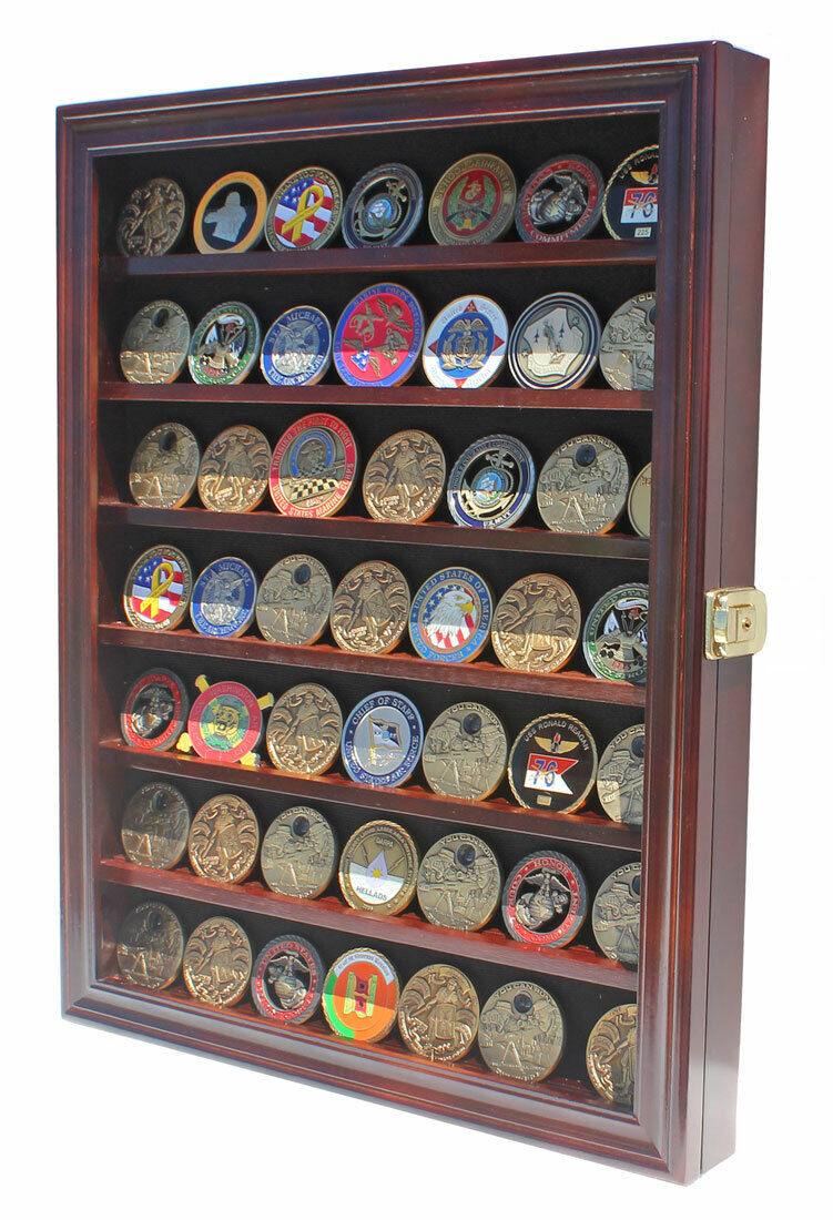 LOCKABLE Challenge Coin Display Case Casino Chip Shadow Box Cabinet Mahogany