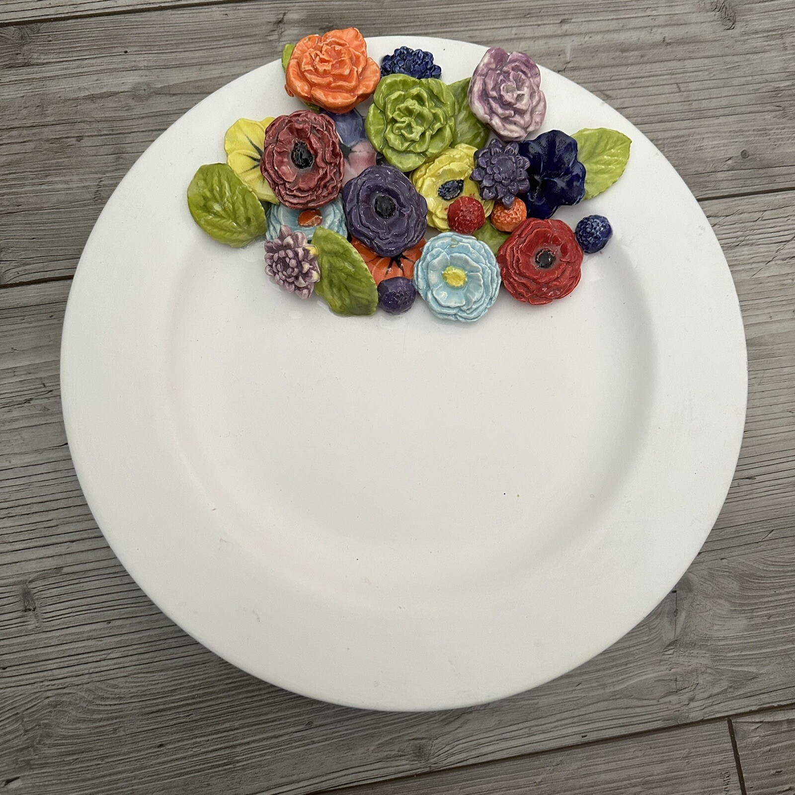 White Plate Dish 11 Inches Applied Ceramic Flowers Signed