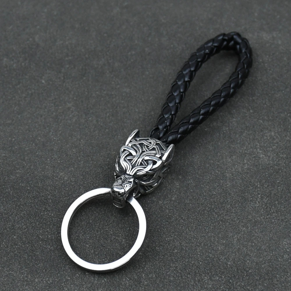 1Pcs Stainless Steel Wolf Amulet Jewelry PU Braided Woven Leather Keychain Vikin