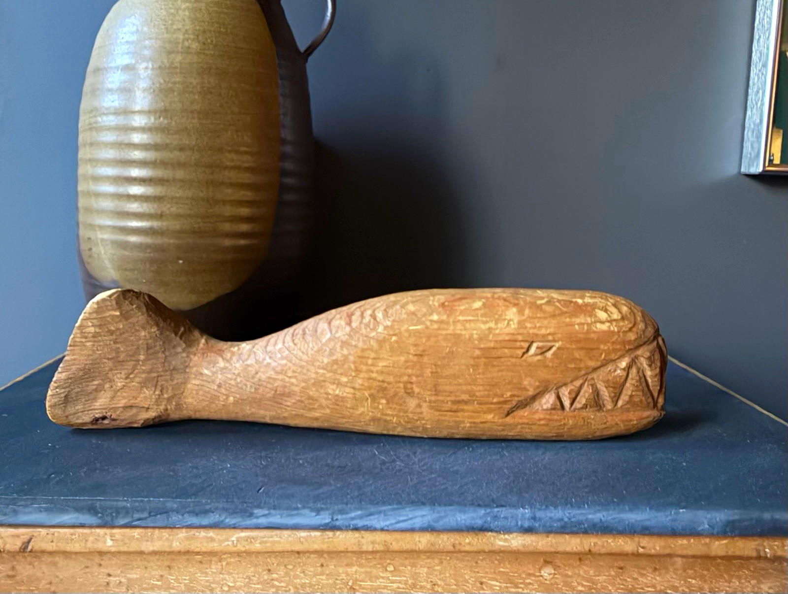 Vintage Hand Carved Wooden Sperm Whale Sculpture Primitive Folk Art Heavy Wood