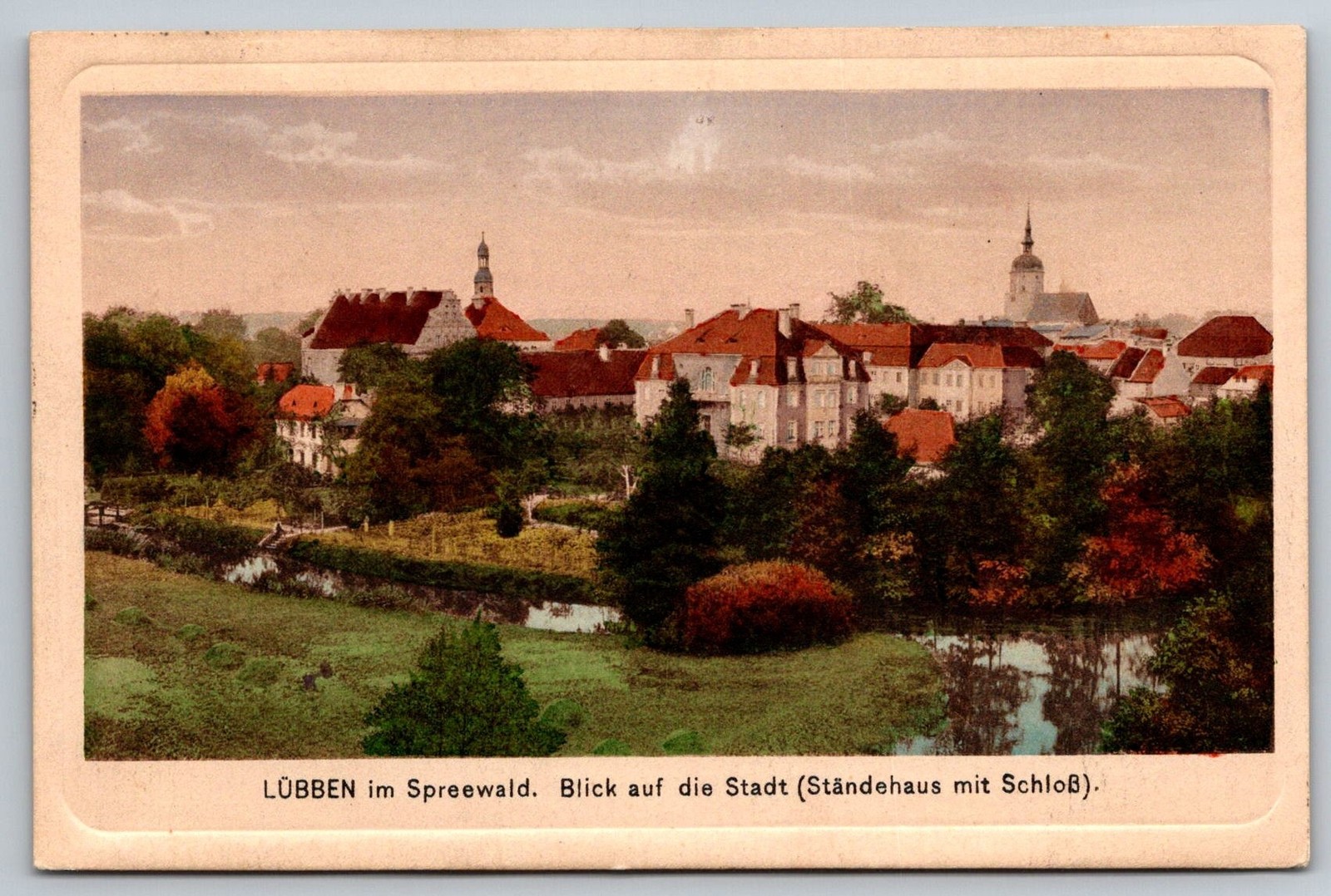 Ständehaus and Castle Lübben Germany Postcard Spreewald city view river 1925