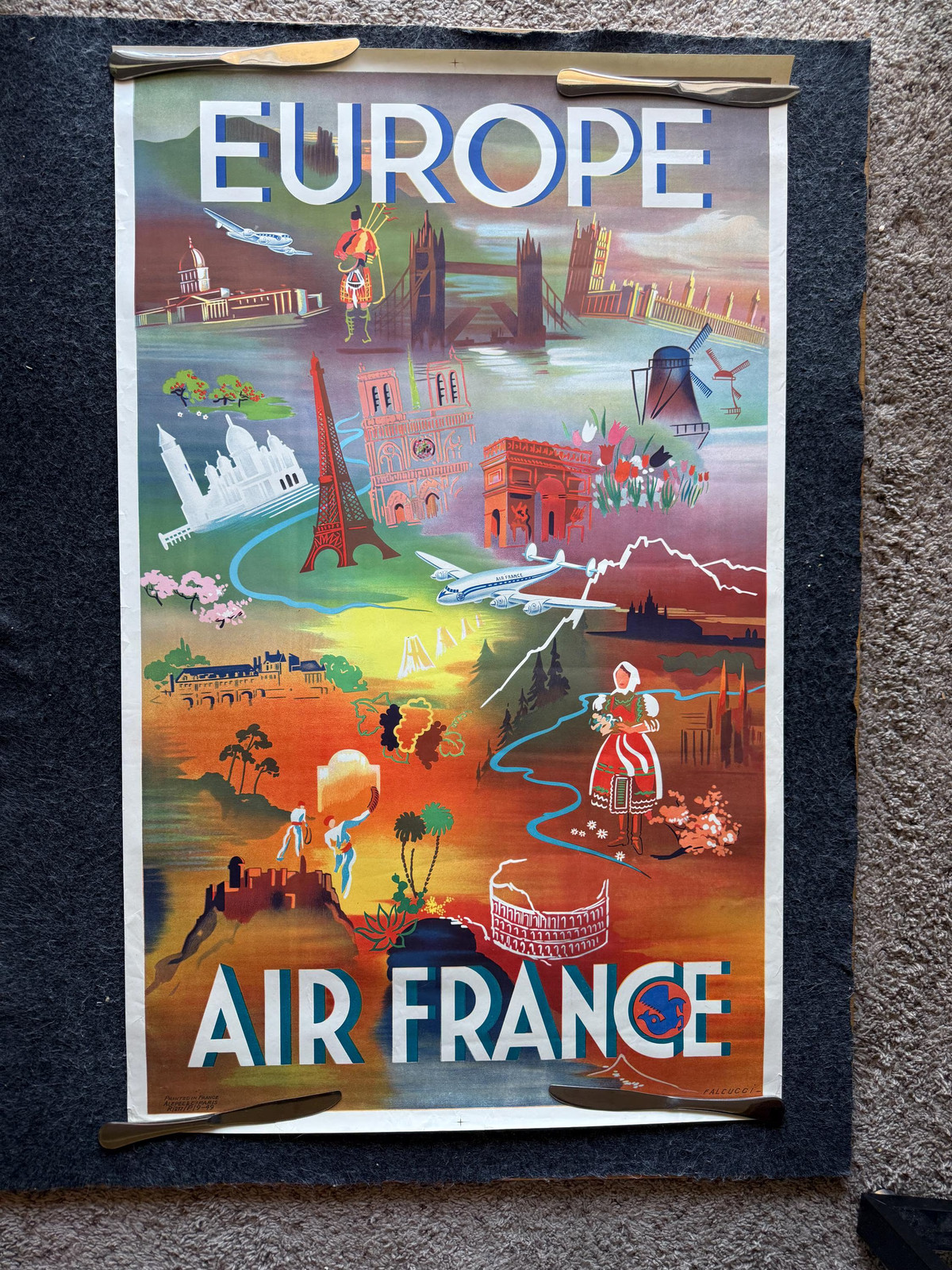 Original 1949 Air France Europe Travel Poster by Falcucci Aviation Airline Adve