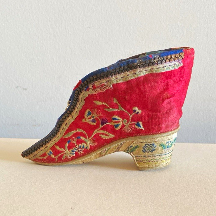 Antique Chinese Lotus Shoes Embroidered Red Silk Late Qing 19.  4 3/4”
