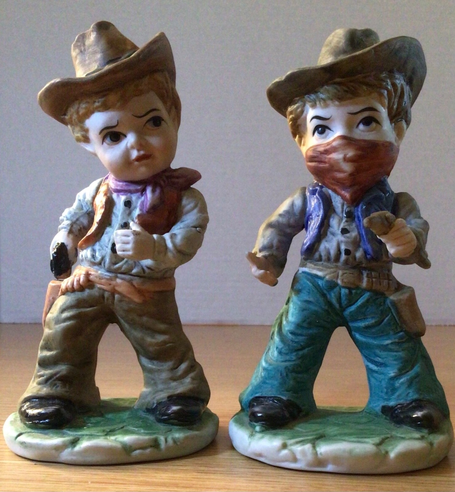 Two Vintage Rare Frankel Child Like Cowboy Figurines/Statues Ceramic/Porcelain