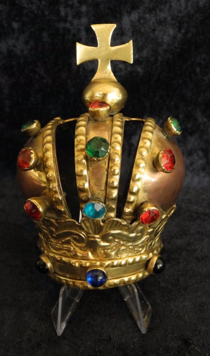 18TH C SANTOS MARIAN VIRGIN CROWN FIRE GILT COPPER PASTE STONES HANDMADE ANTIQUE