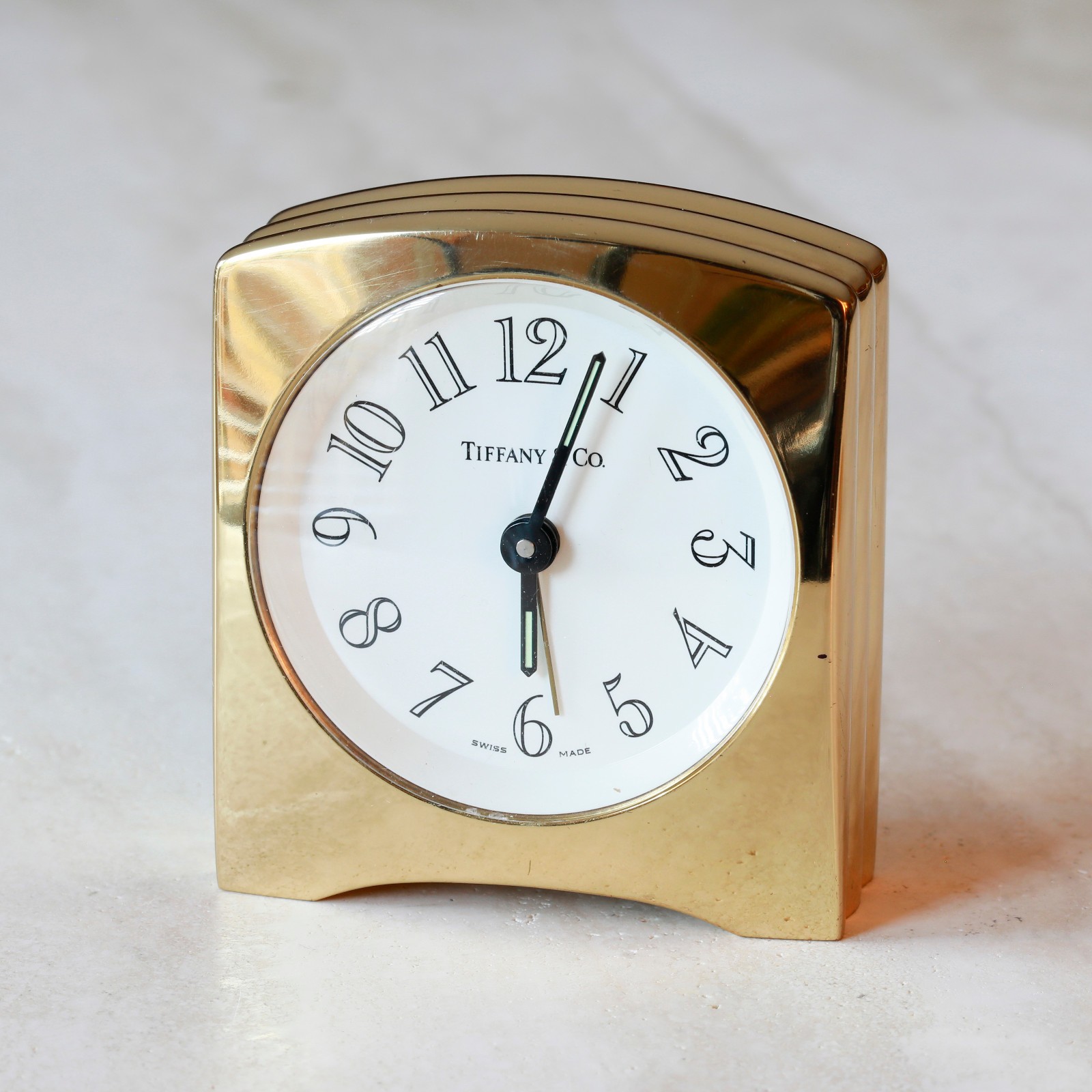 Tiffany & Co Alarm Clock Gold-Tone Art Deco Style Swiss Made Brass Quartz