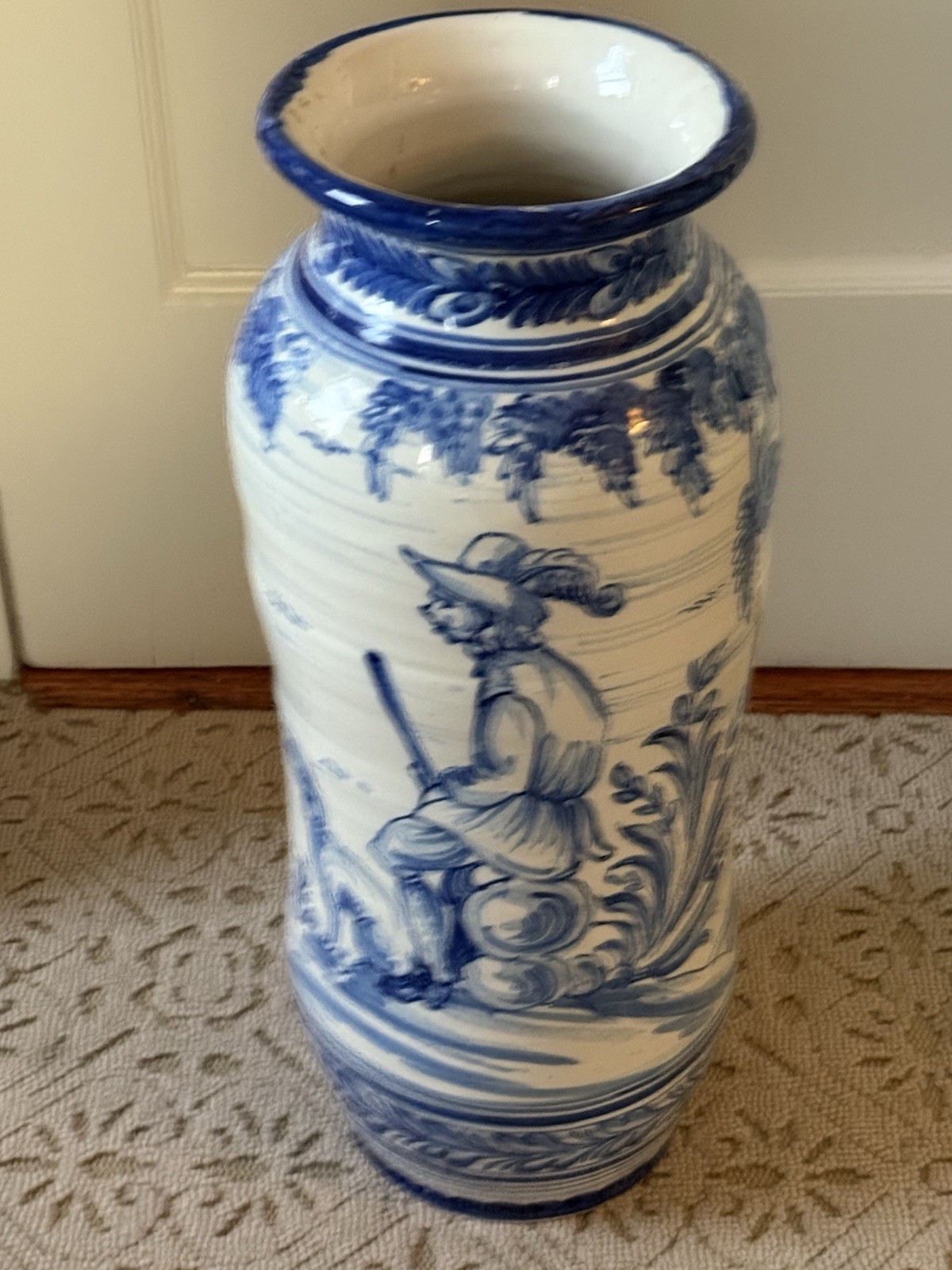 Antique Blue & White Hand-Painted Spanish Majolica Umbrella Stand/Urn, 21” Tall