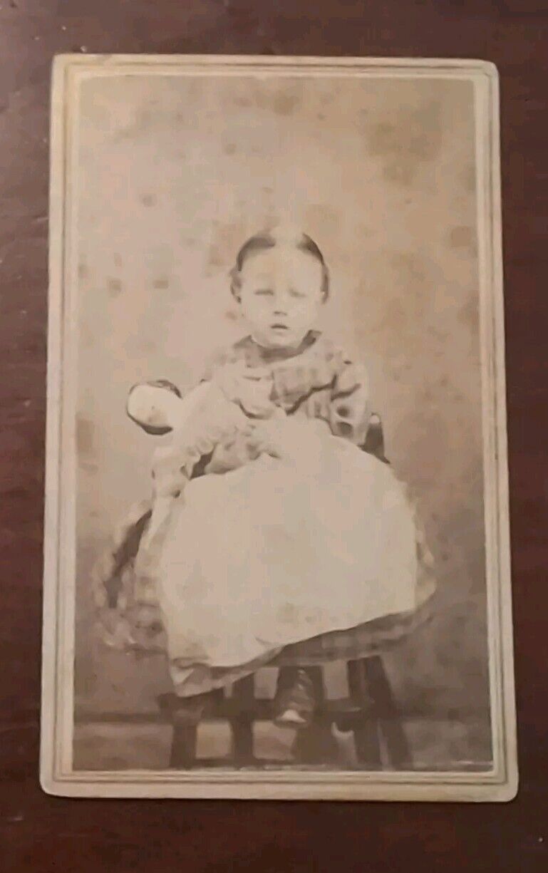Girl & China Head Doll Carte de Visite CDV Photograph Antique American 19th C