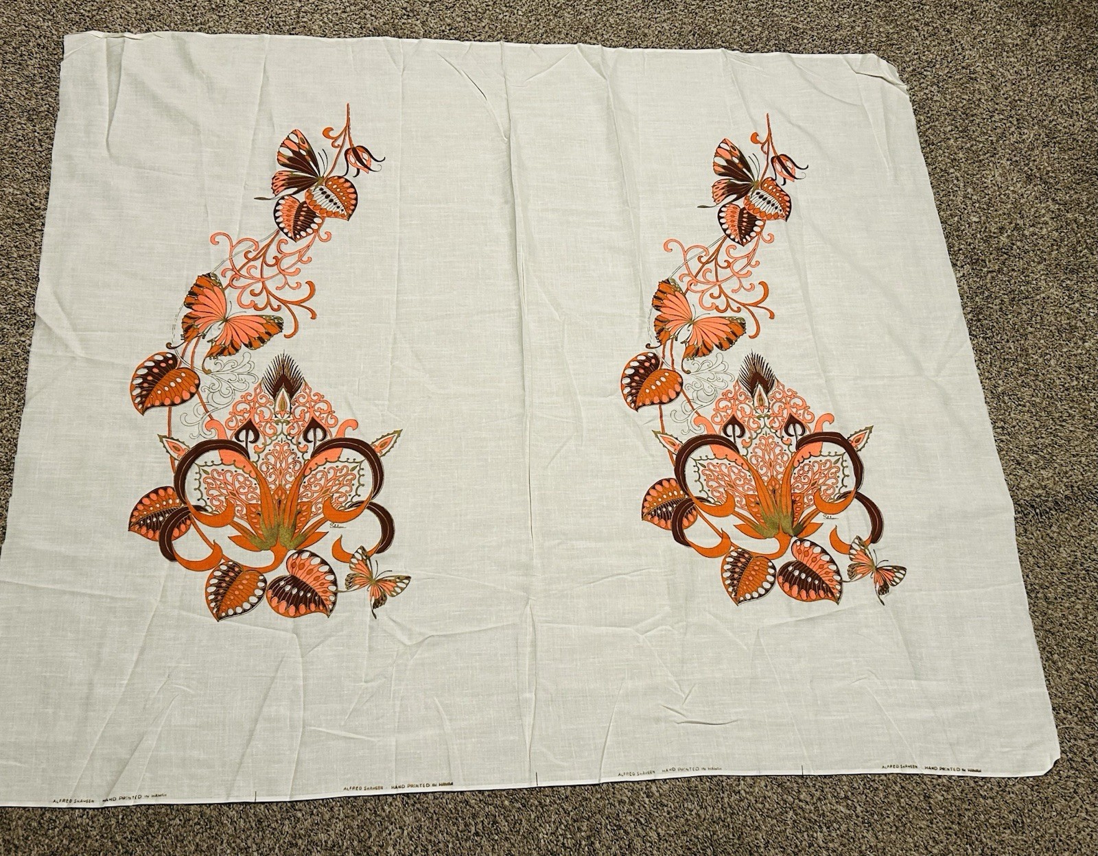 VTG Alfred Shaheen Printed Fabric Panel Butterfly Flowers Hawaii MCM Mod 60s