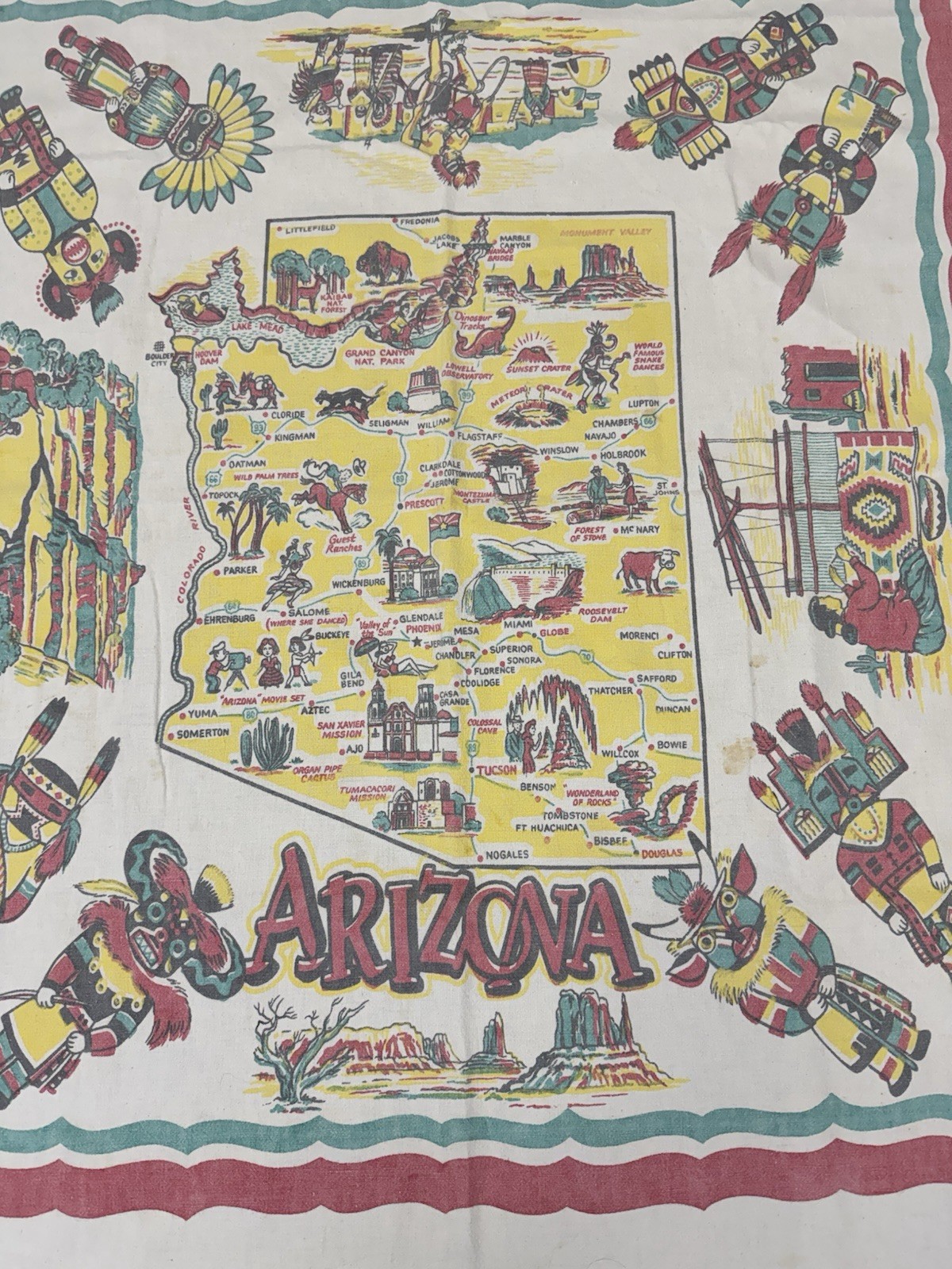 Vintage RARE Arizona State Tablecloth Landmark Map Souvenir Native Art