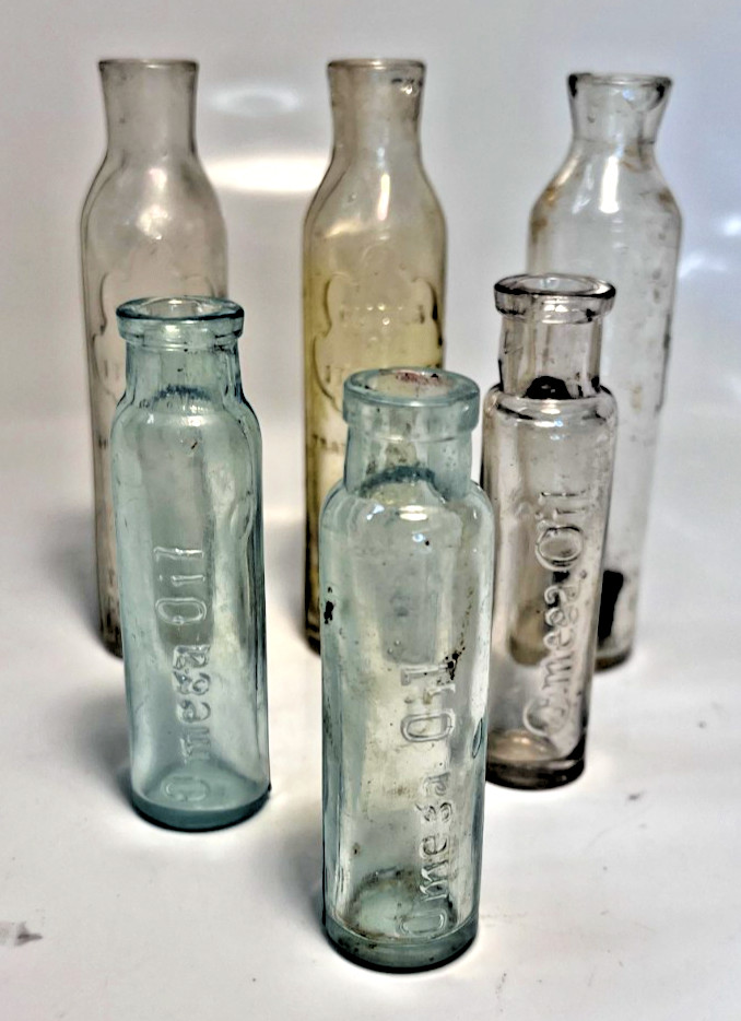 Lot of 6 Antique Clear & Aqua Omega Oil New York Medicine Bottles Viles Lot of 6 Antique Clear & Aqua Omega Oil New York Medicine Bottles Viles