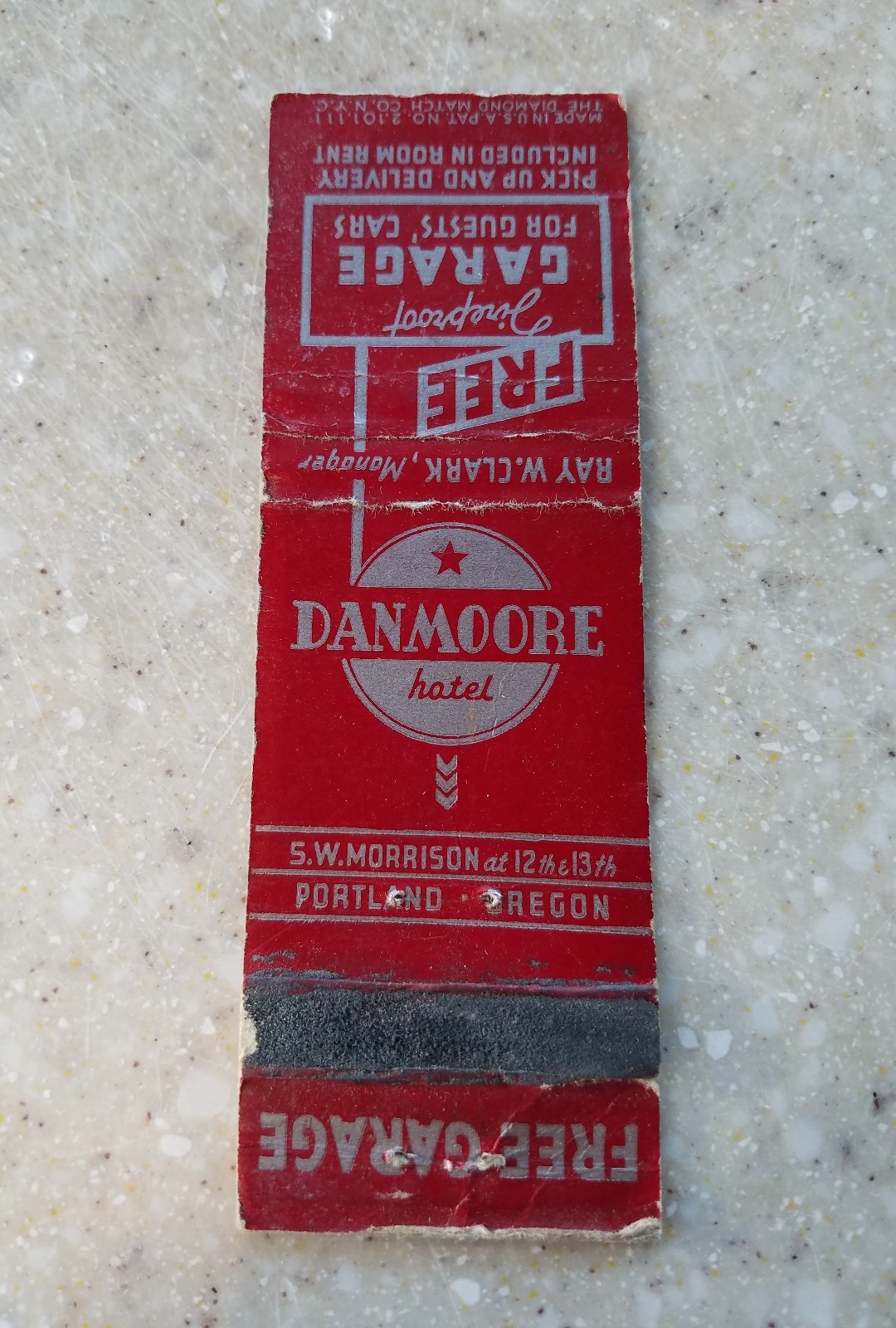 1930s DIAMOND MATCH BASE FRICTION: DANMOORE HOTEL vintage portland 