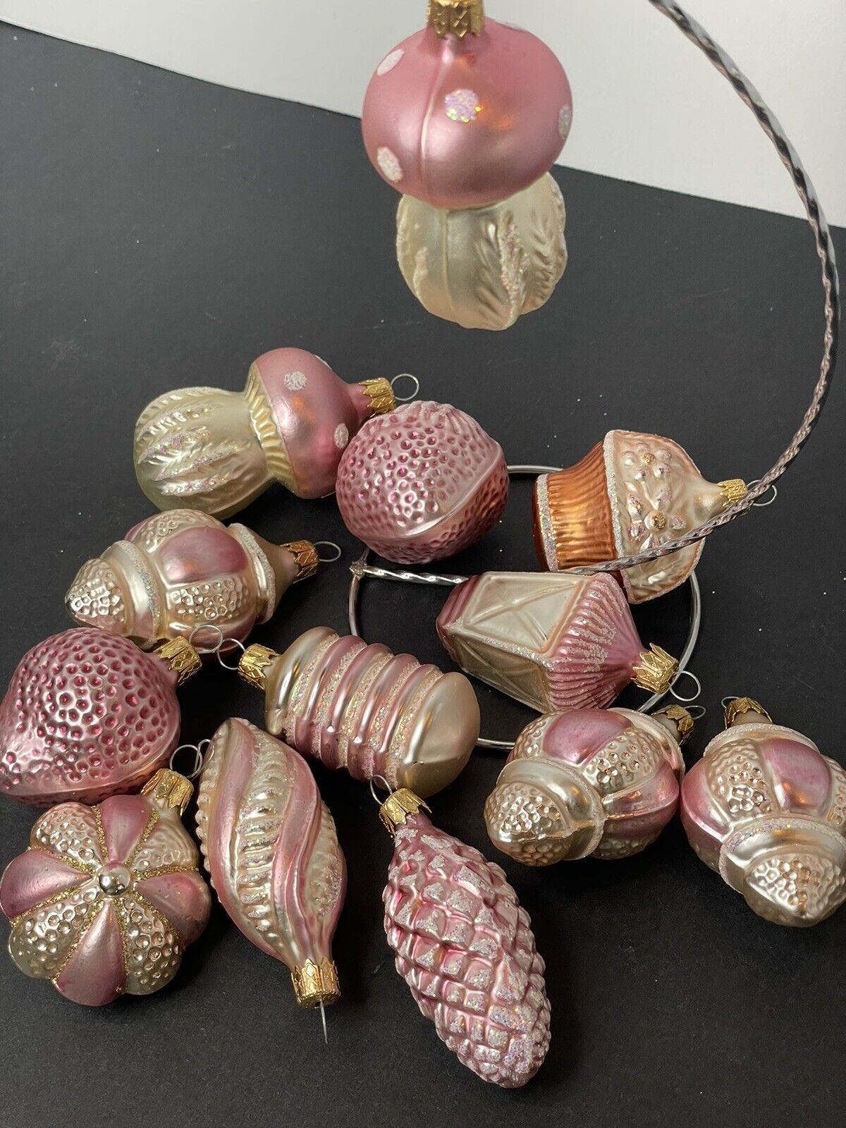 Kurt S. Adler Set of 13 Pink, Gold & White Christmas Ornaments Mushrooms +