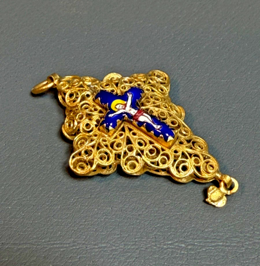 19c. Antique Gild Gold Filigree Cross Crucifix Neck Pendant Hand Painted Enamel