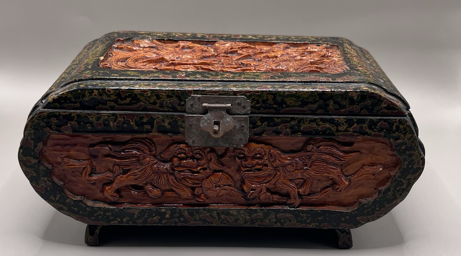 Vintage Chinese Hand Carved Camphor Wood Dragon Beast Phoenix Bird Jewelry Box