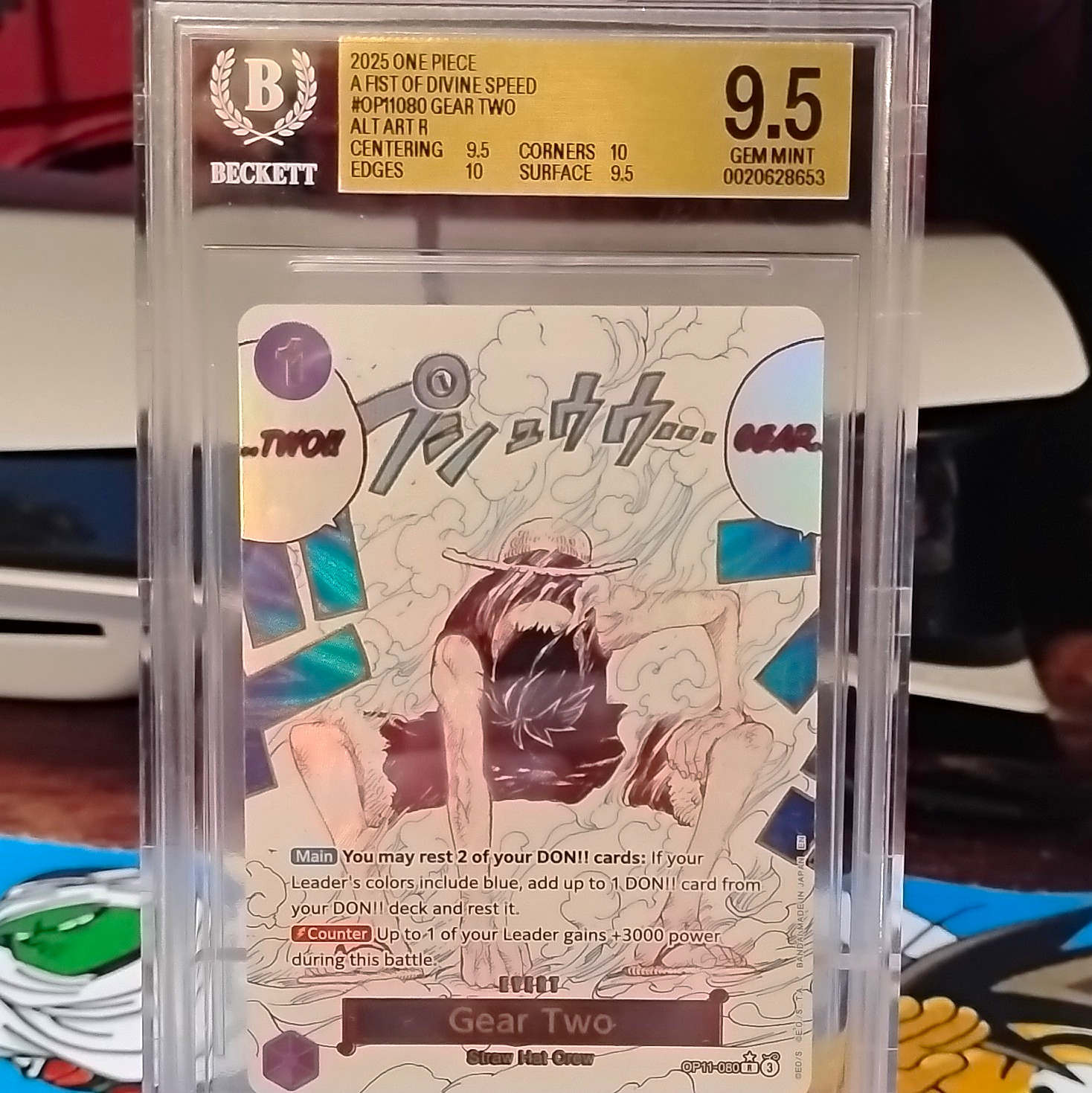 One Piece 2025 A Fist of Divine Speed Gear Two OP11-080 Alt Art BGS 9.5