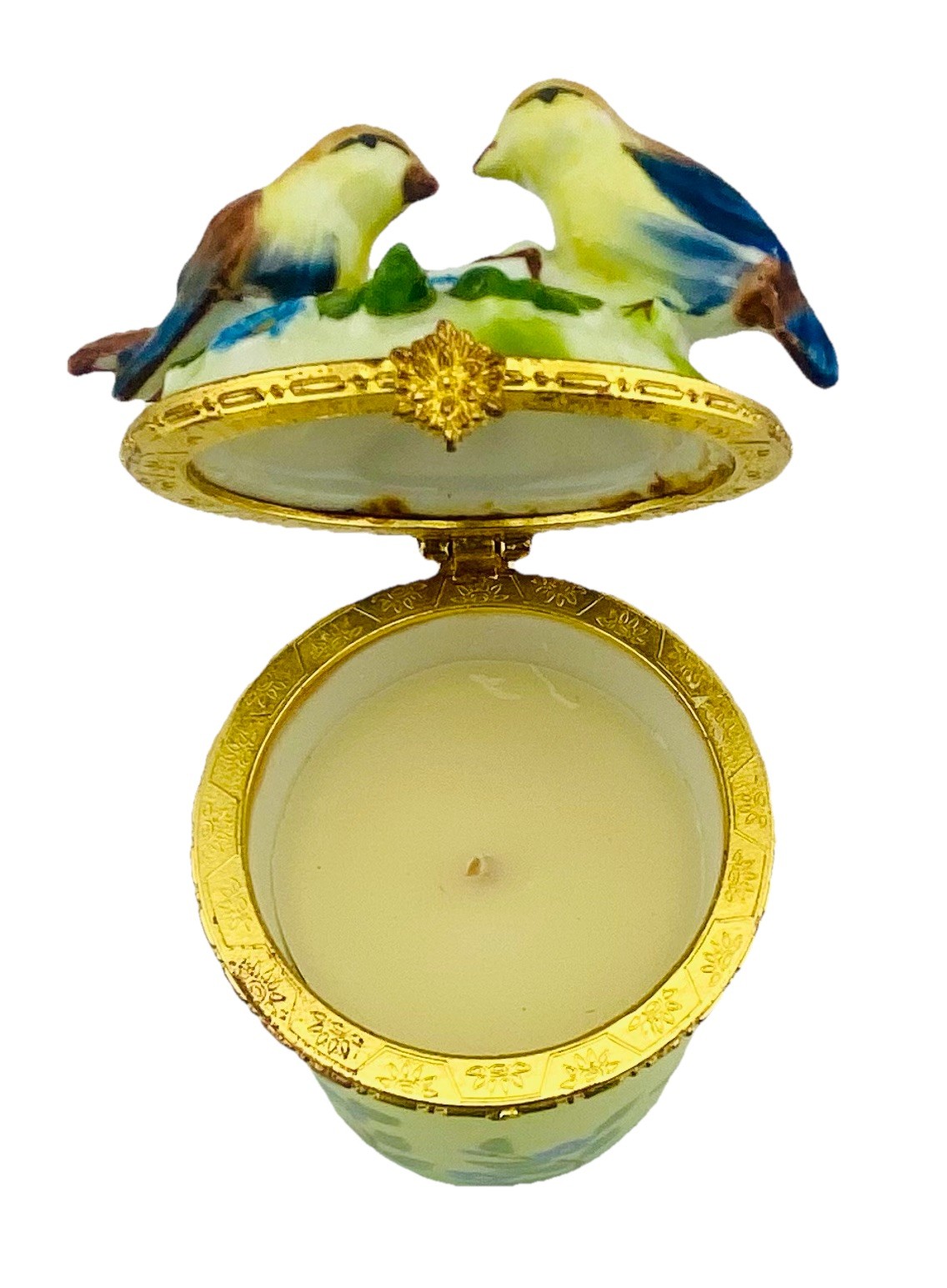 Vintage Bombay Company Porcelain Bird Candle Trinket Box Blue Floral Gold Hinged