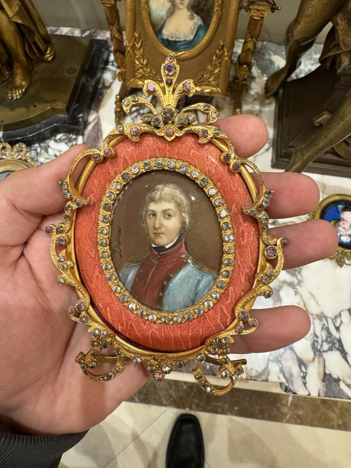Miniature French Hand-Painted Portrait Gilt Brass Frame