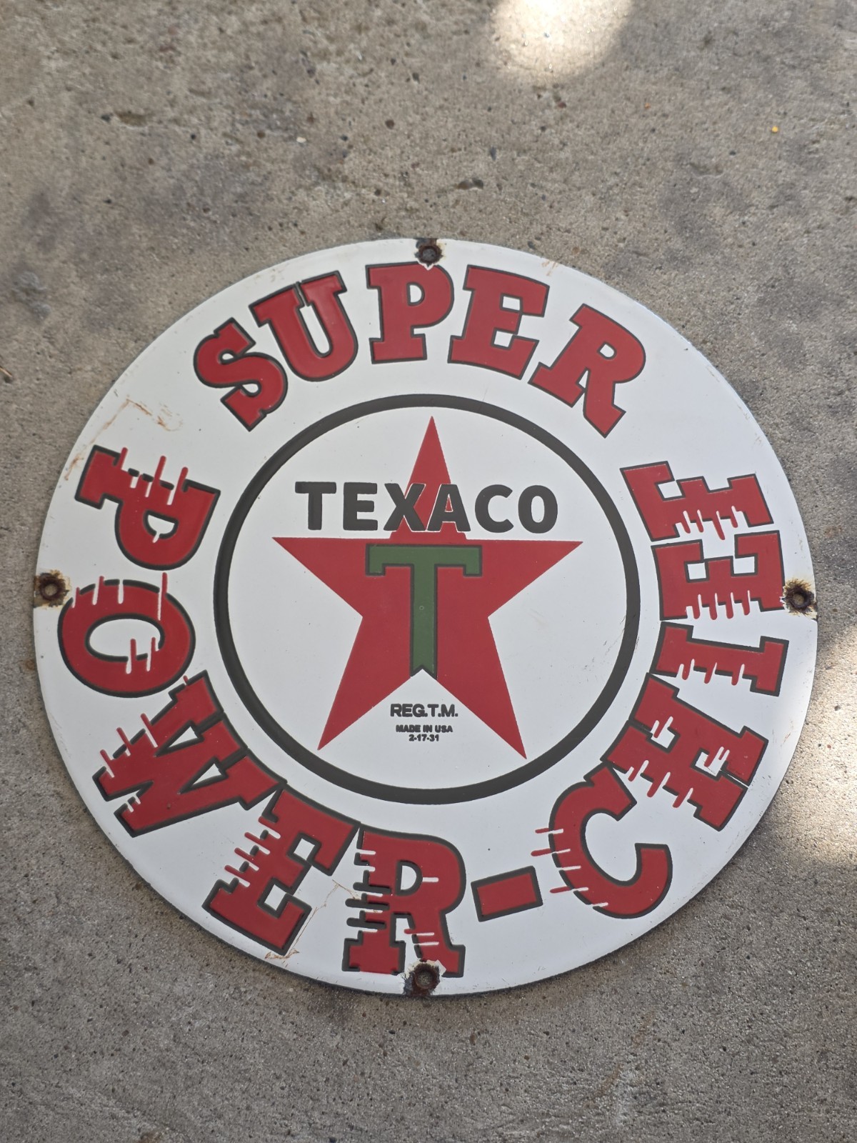 VINTAGE TEXACO SUPER POWER CHIEF GASOLINE PORCELAIN STATION PUMP SIGN NICE 12