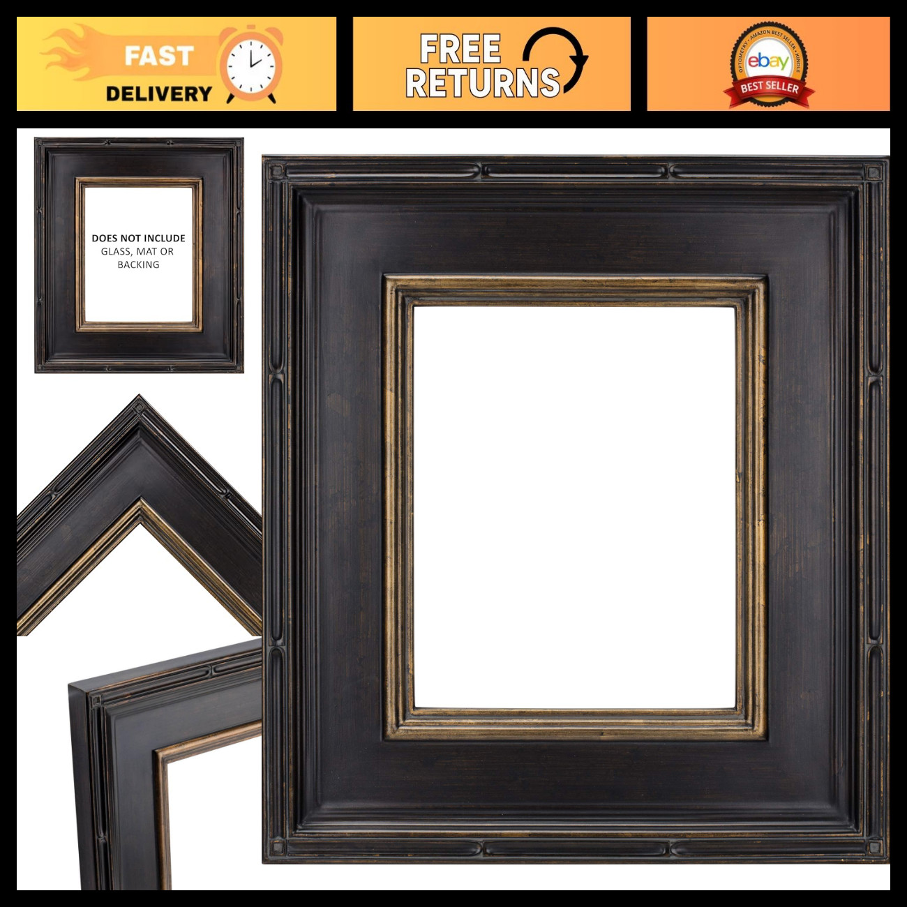 Ornate 8x10 Antique Black & Gold Picture Frame - High-End Plein Aire Style, Open