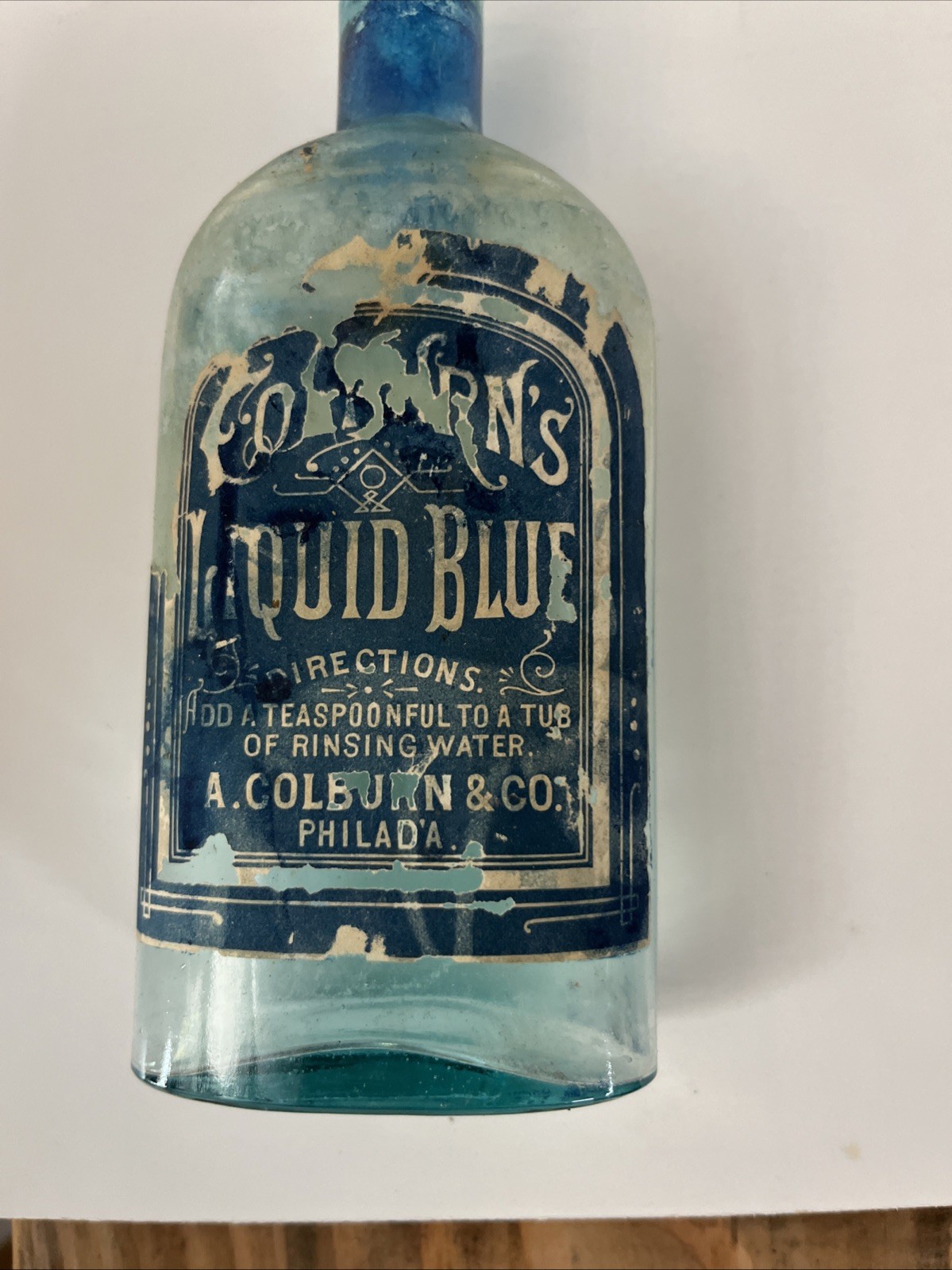 VINTAGE 1890's~A. COLBURN & Co Liquid Blue Laundry Philadelphia , Glass Aqua
