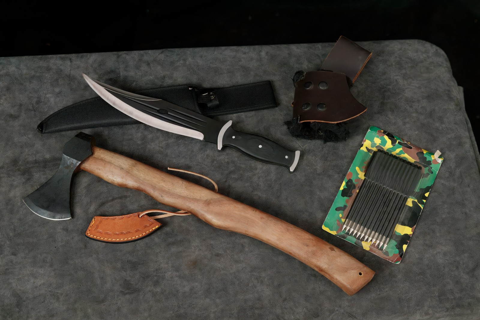22 Inch Carbon Steel Axe 15.25 Inch Sharp Knife 6.5 Inch Crossbow Bolts Leather