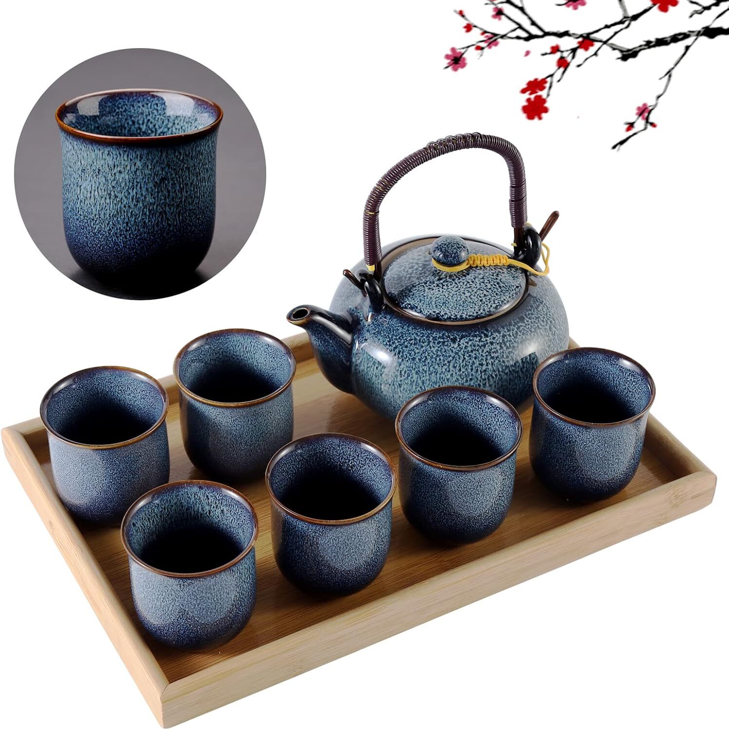 Japanese Tea Set for 6, Kiln Altered Glaze Porcelain Tea Set with 1 Teapot