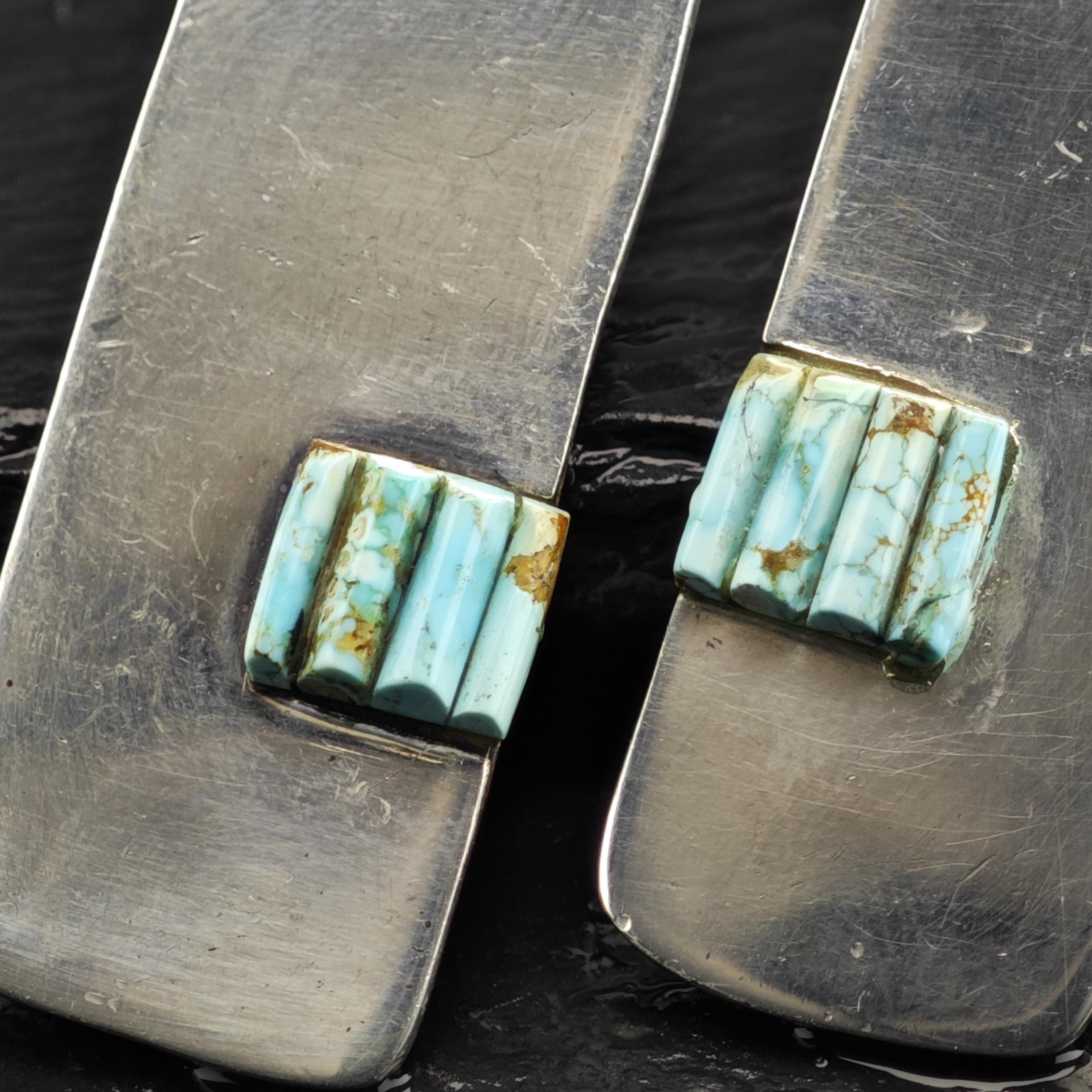 AS IS Native #8 Turquoise Cobble Stone Inlay Sterling Silver Stud Earrings