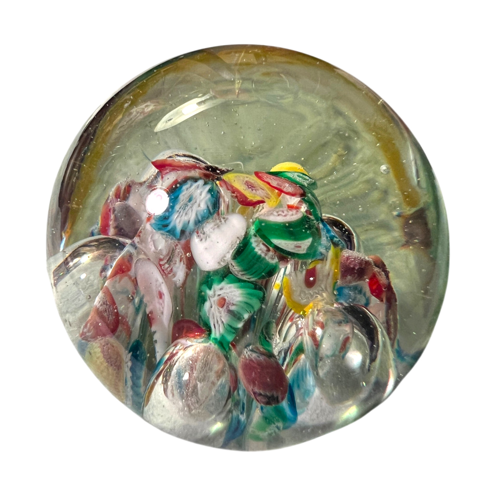 Vintage Murano Style Art Glass Paperweight Millefiori Controlled Bubble 3 Inch
