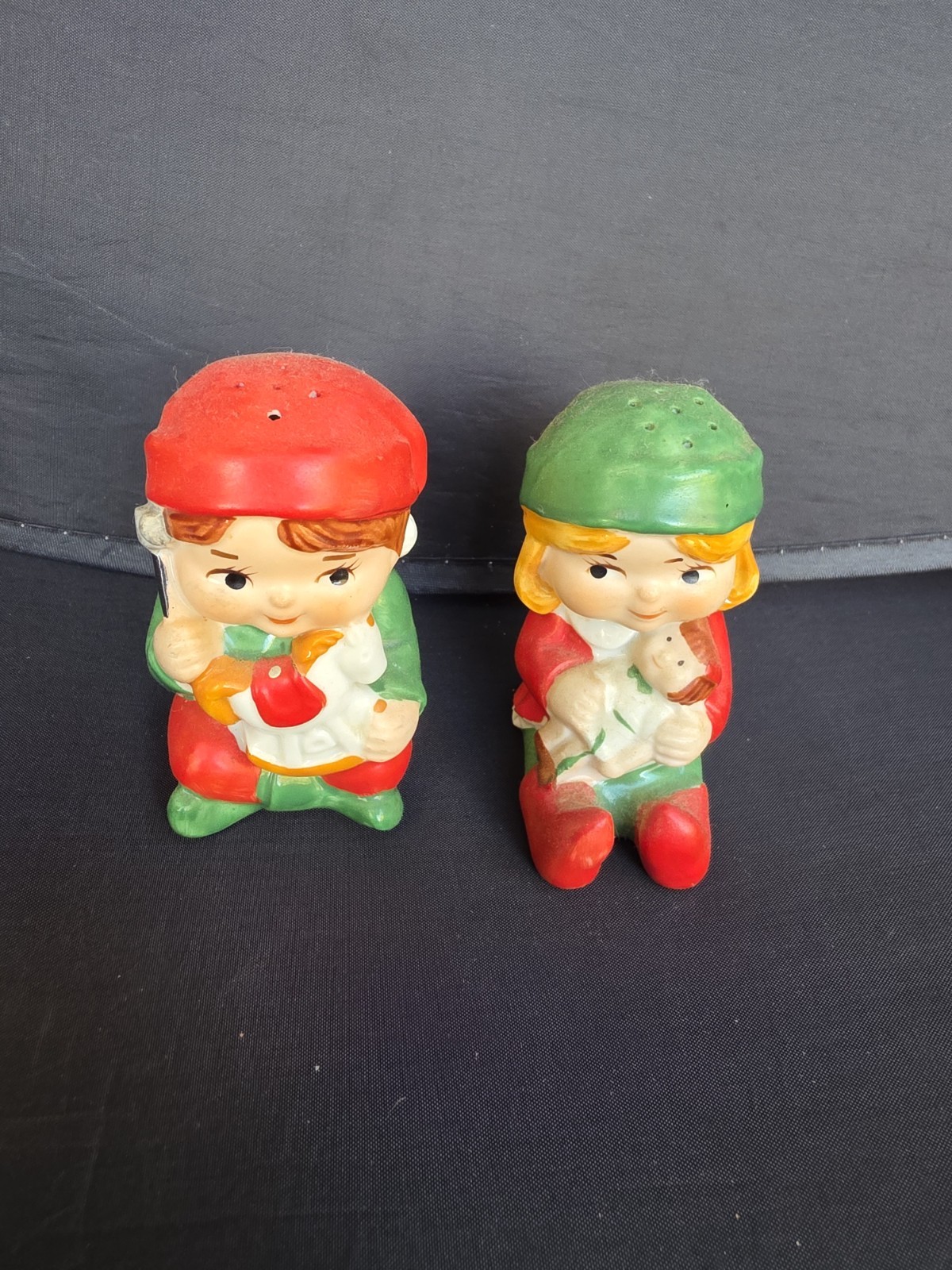 Vintage Christmas Ceramic Avon Boy & Girl Salt & Pepper Shakers Set, 1983