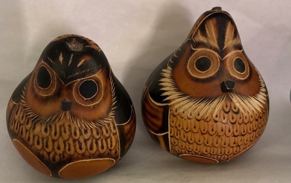 Vintage Peruvian Folk Art Hand Carved Gourd Owl Figurine Pair Rattle Set of 2