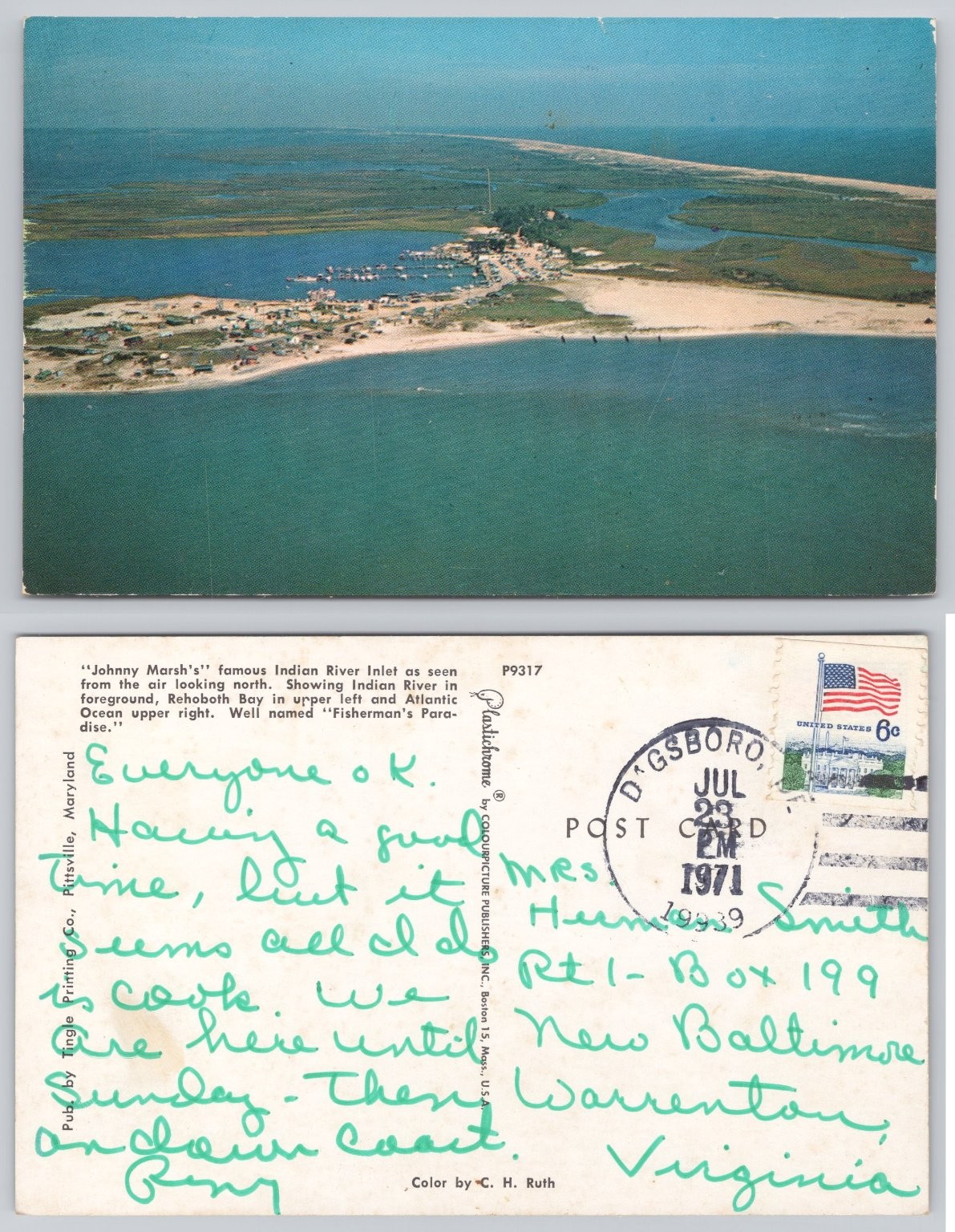 1971 Indian River Inlet Rehoboth Bay Delaware Aerial View Plastichrome Postcard