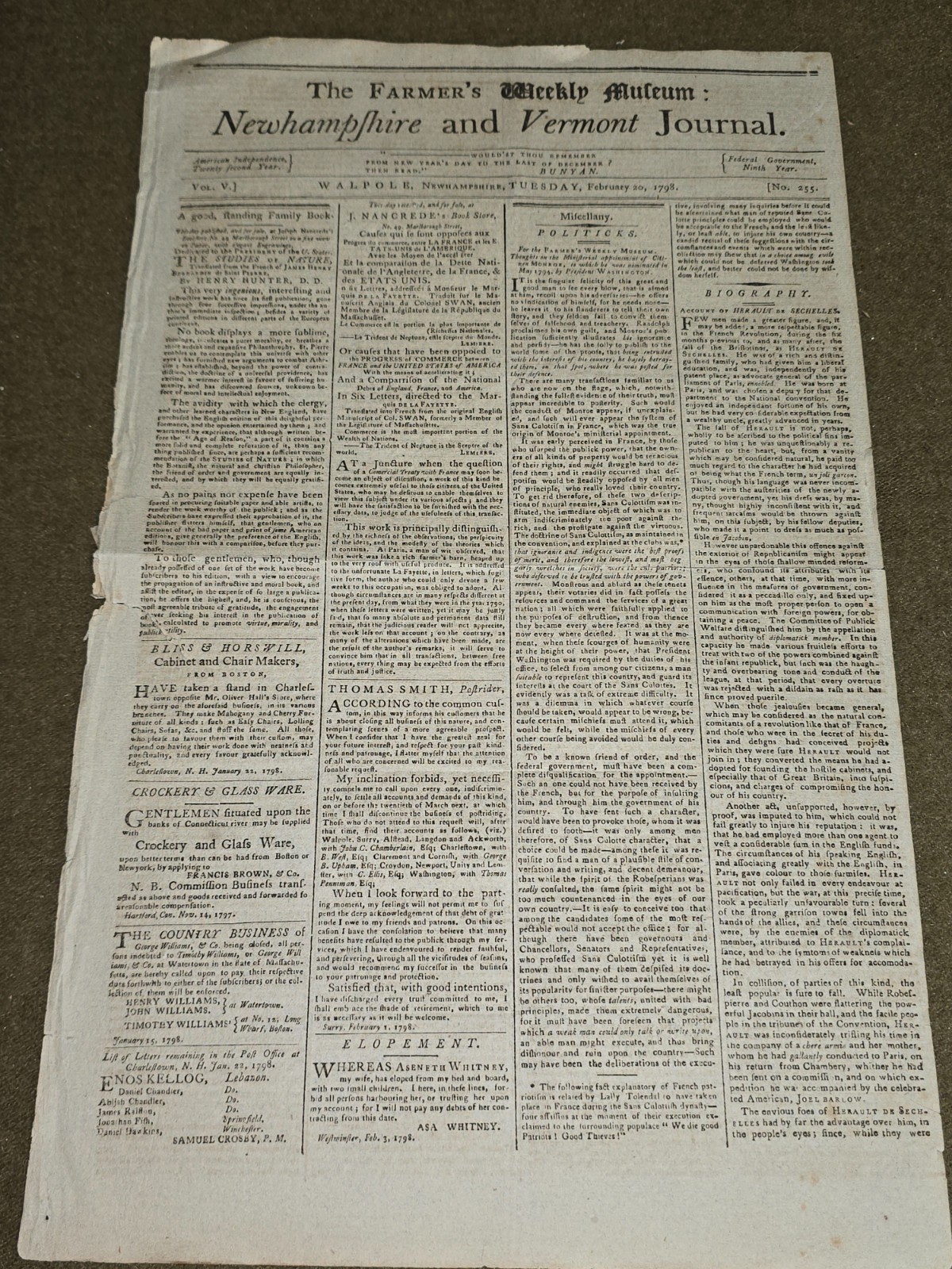 The Farmer\'s Weekly Museum NH and Vermont Journal Dated February 20, 1798