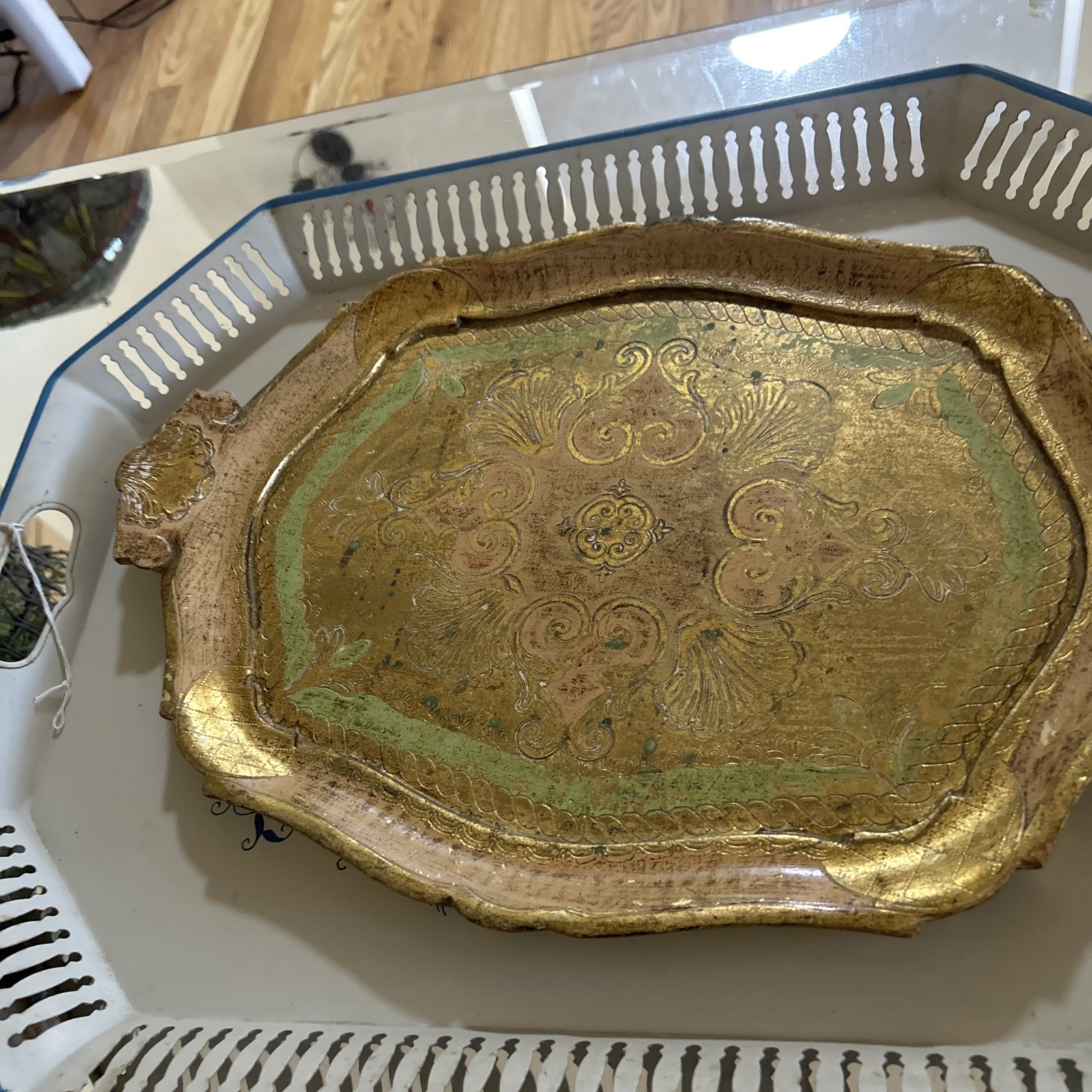 Vintage MCM Florentine Tray Platter Green Gold Italian Italy 1960s