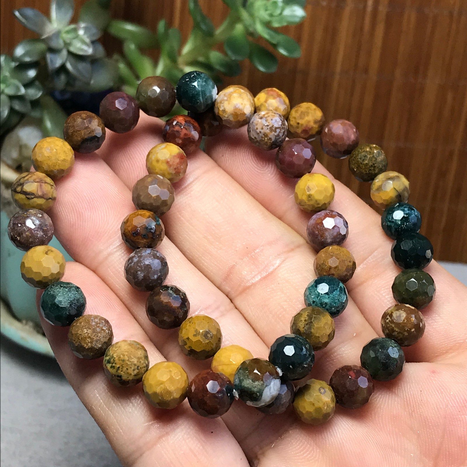 2Pcs Wholesal Natural Ocean Jasper  bracelets Crystal ball sphere facet 8mm 7686
