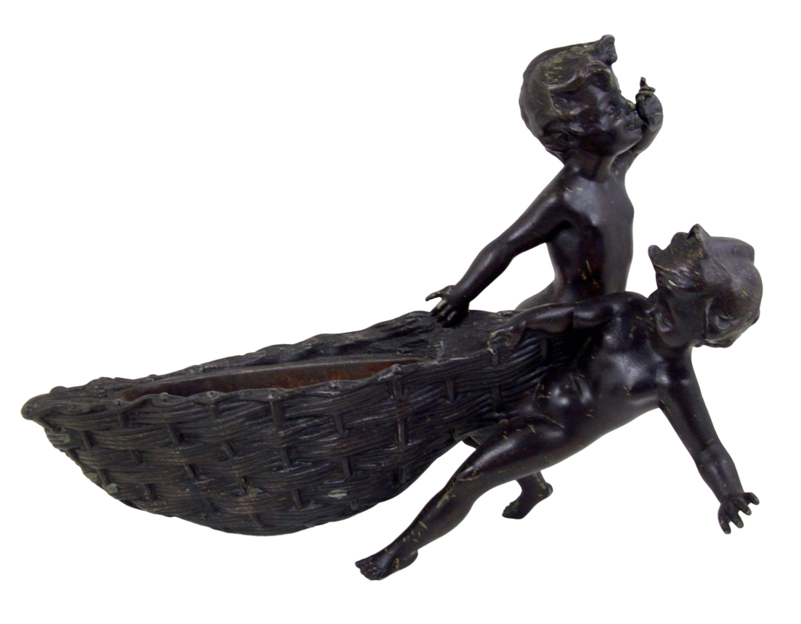 Vintage French Spelter Planter Vase Figural Boys Pulling Boat Patinated