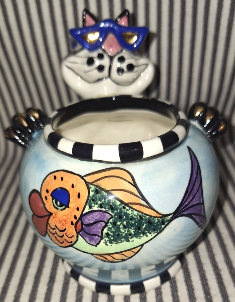 NWT LYNDA CORNEILLE SWAK ART POTTERY STRIPE COOL CAT FISH LIPS BOWL CANDLE POT
