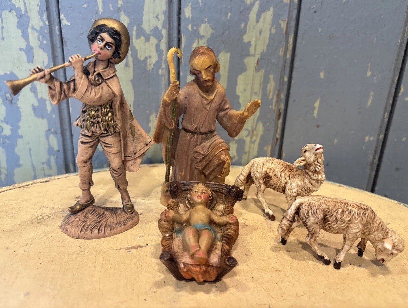 5 Vtg Italian Mauve Plastic Nativity Figures Shepard Boy Joseph Jesus Sheep