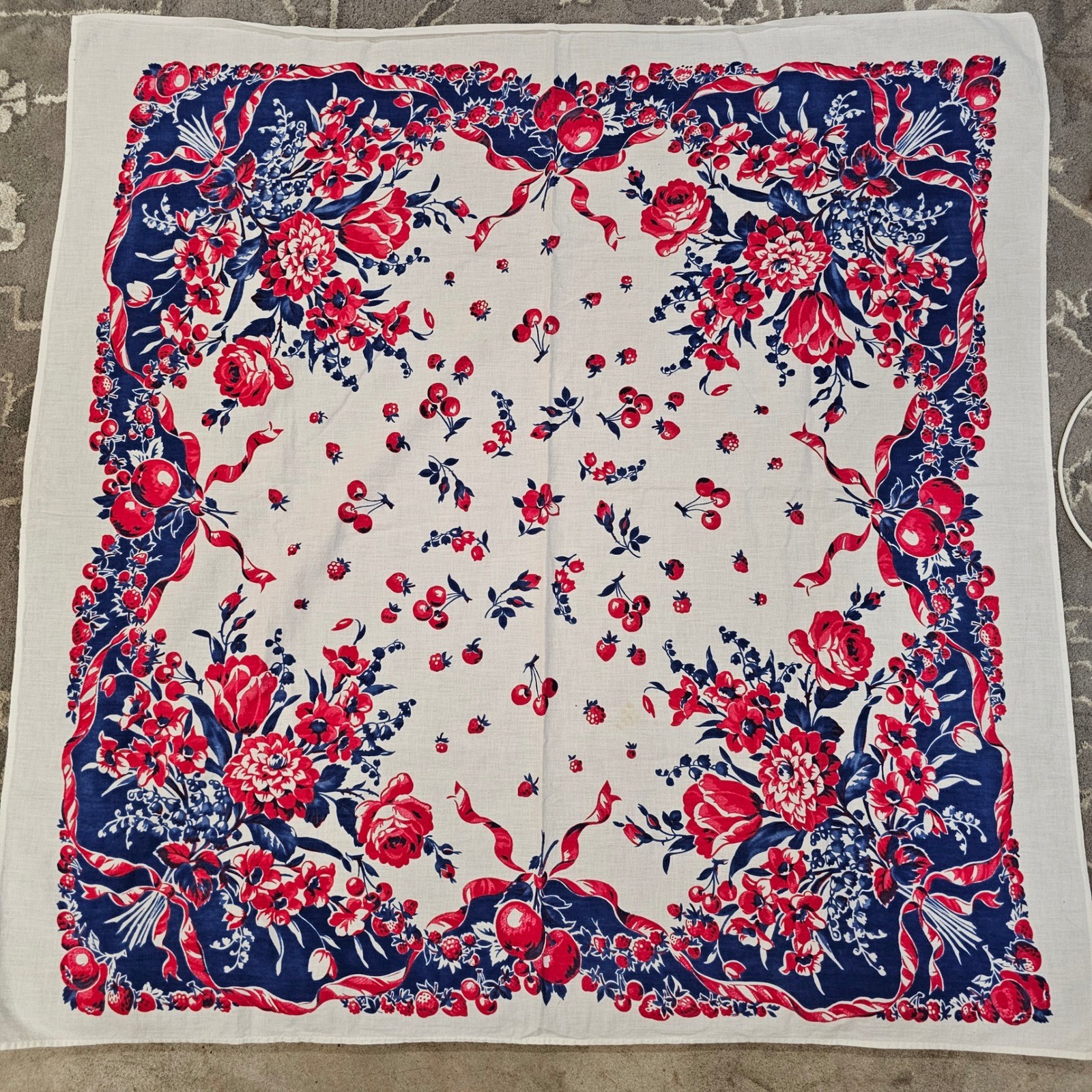 Vintage Floral Fruit Berry Cotton Square Tablecloth Red Navy Blue White 36x36