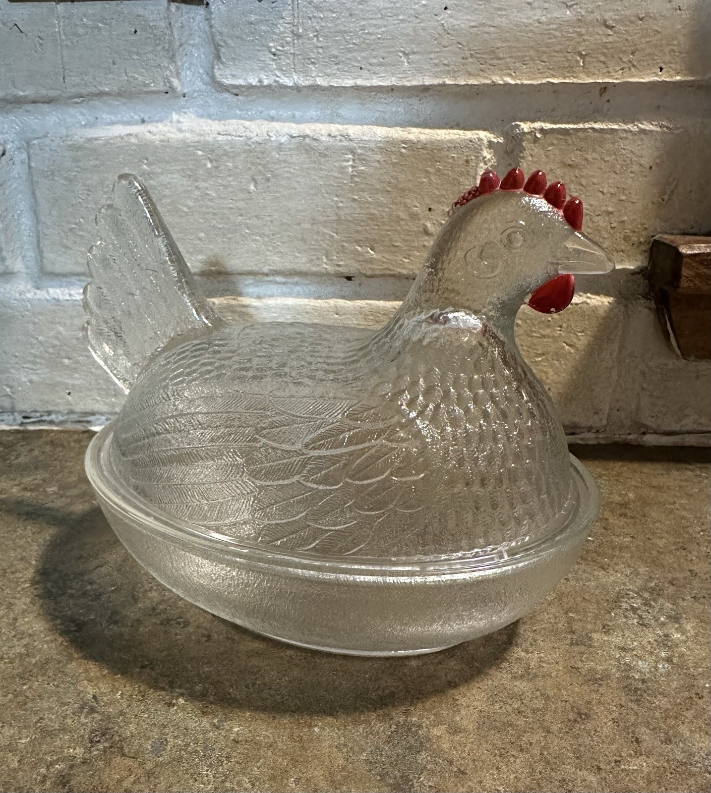 Hen On Nest Vintage Indiana Glass Company MCM Chicken Decor Clear With Red Comb Hen On Nest Vintage Indiana Glass Company MCM Chicken Decor Clear With Red Comb