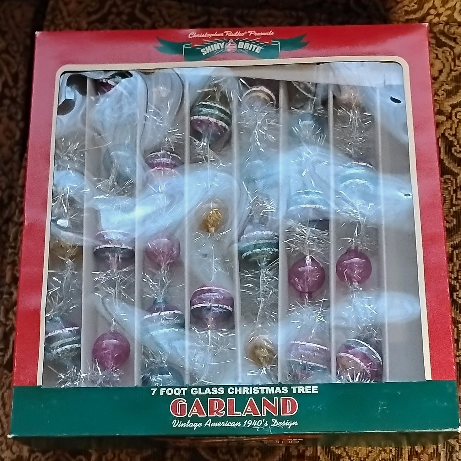 Shiny Brite 7ft Glass Christmas Tree Garland, Striped Multicolor Ball Vintage